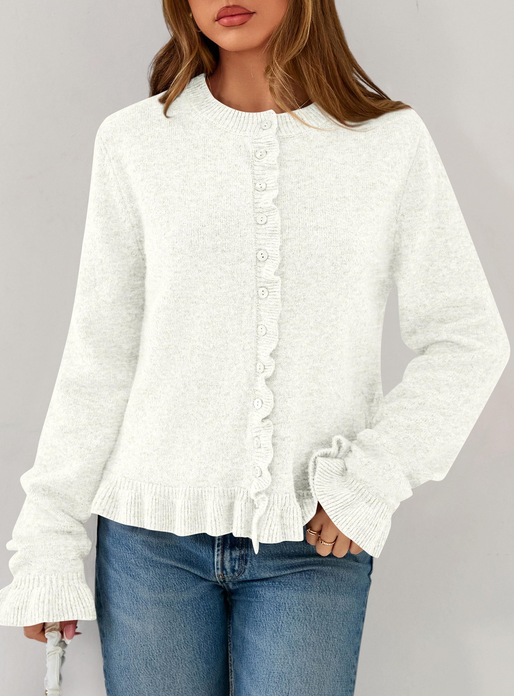 Womens Ruffle Button Down Cardigan Sweaters,White,S