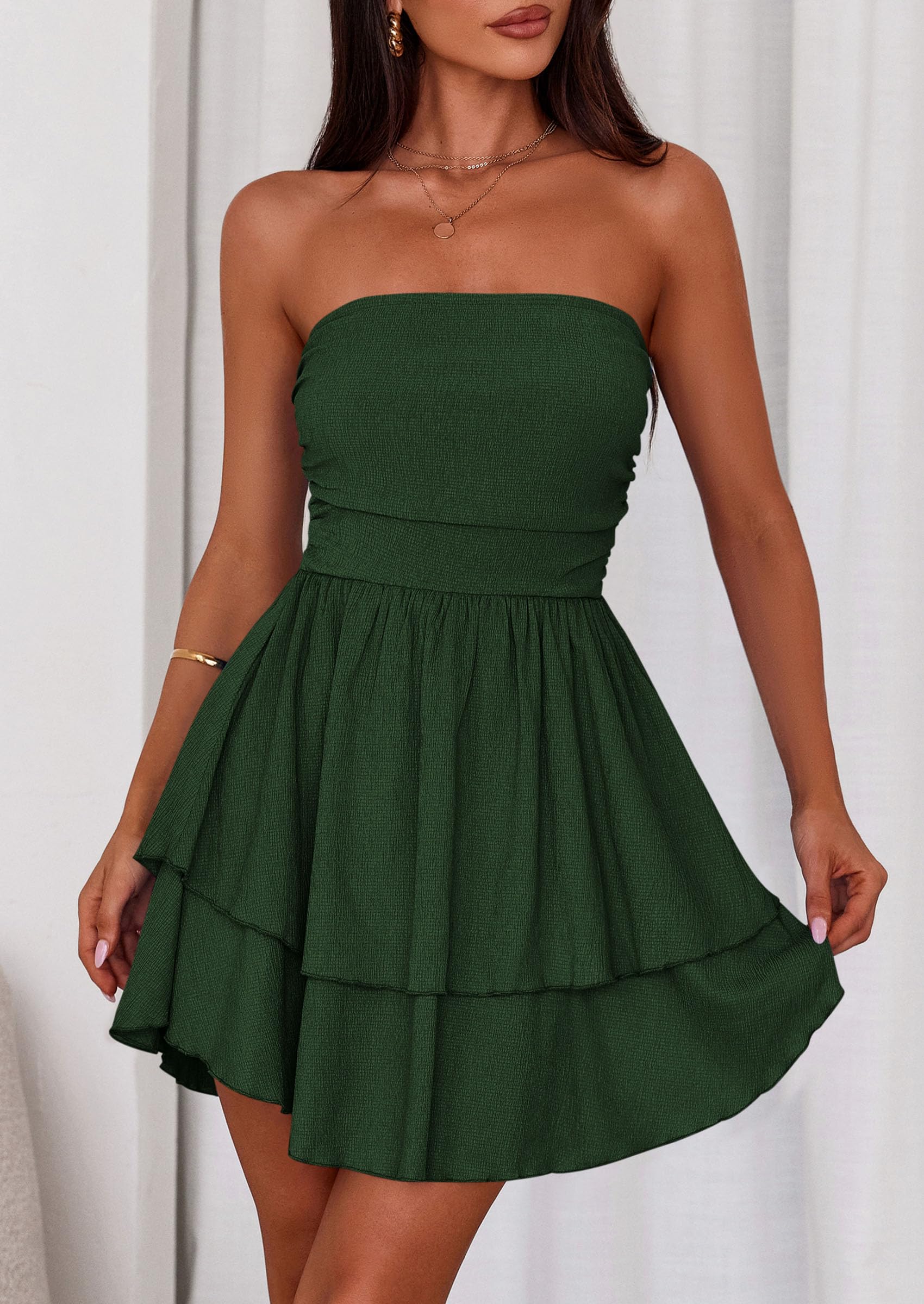 Women's Summer Strapless Flowy Mini Dresses (Dark Green,S)