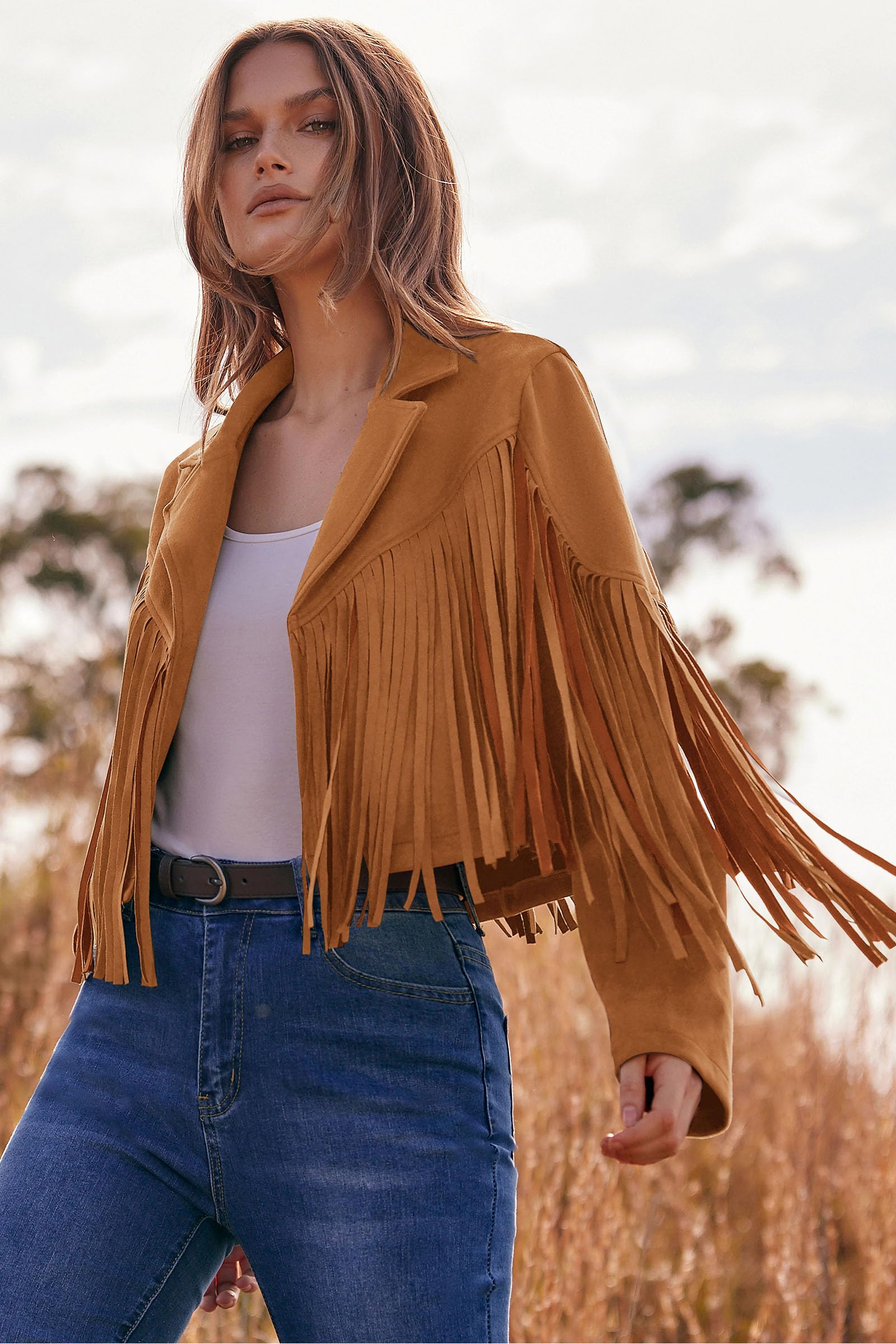 Women's Fringe Faux Suede Leather Jackets,Brown Yellow,M