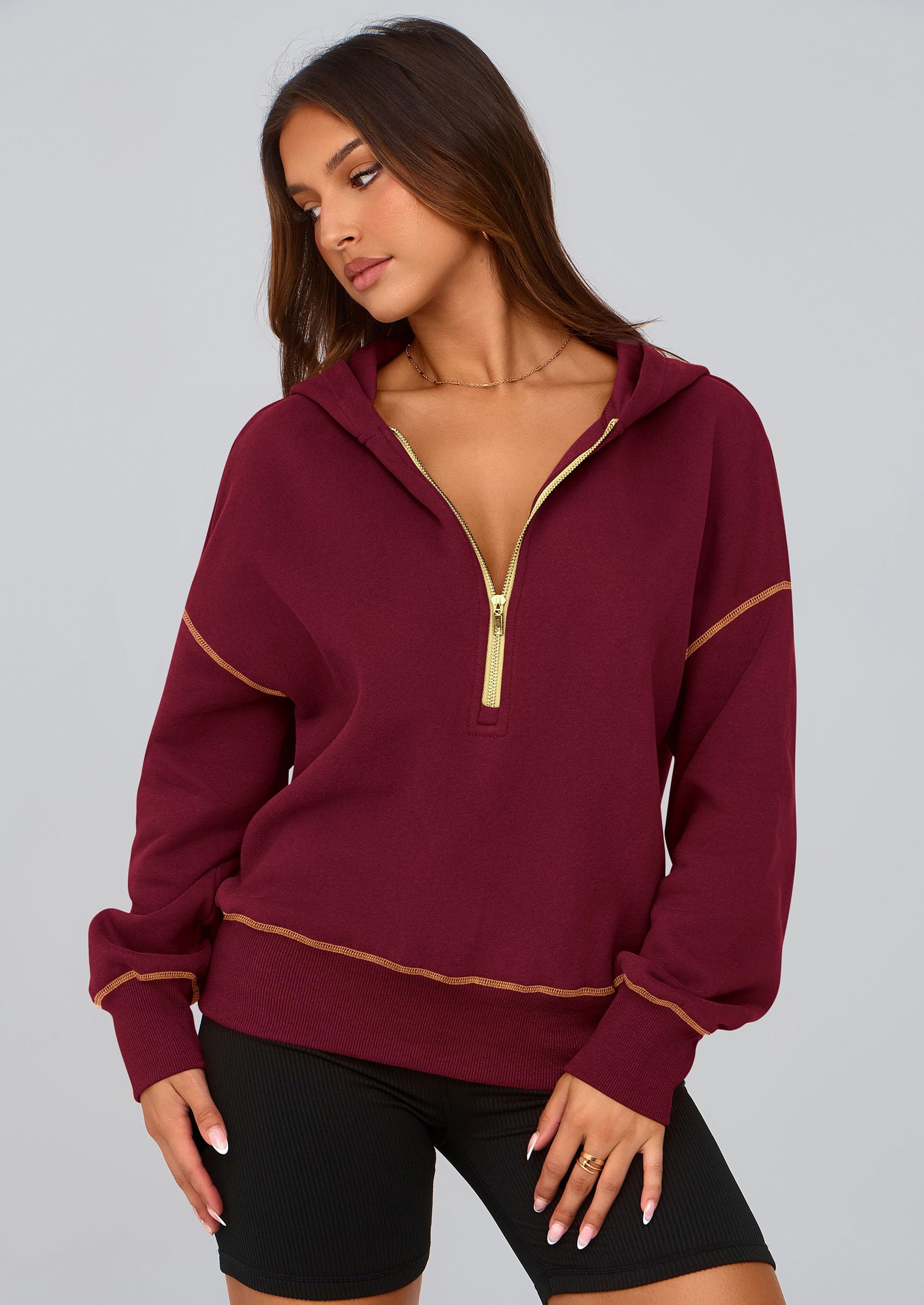 Women's Fall Half Zip Cropped Hoodie Sweatshirt Wine Red