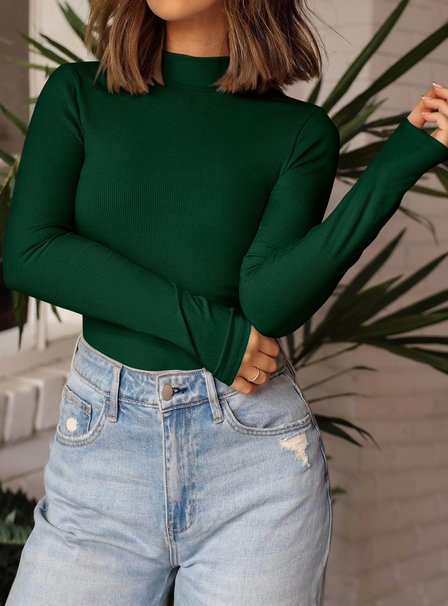 Womens Mock Turtleneck Fall Long Sleeve Shirts,Dark Green,XS