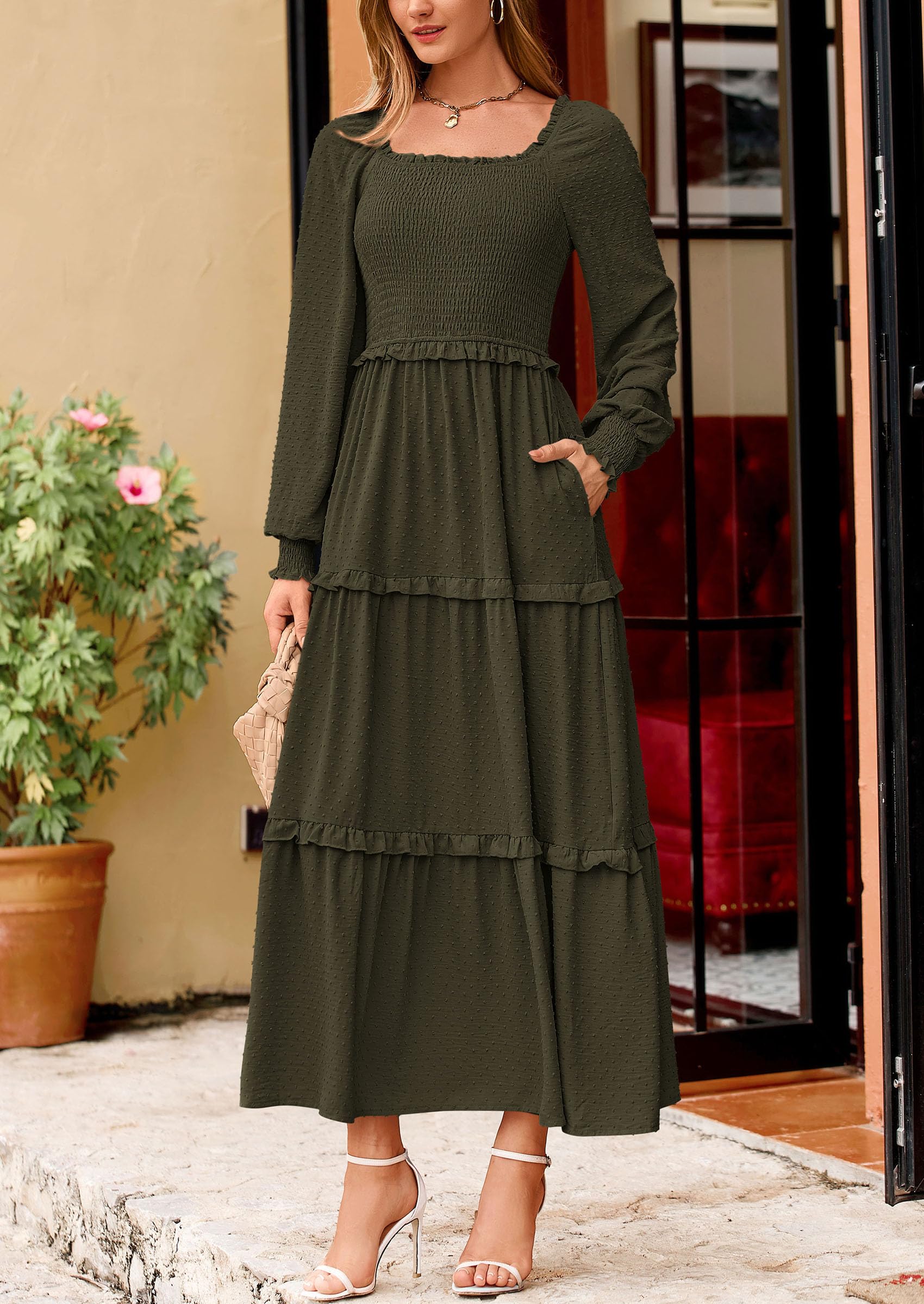 Women's Smocked Long Sleeve Maxi Dress Wedding Guest Dresses