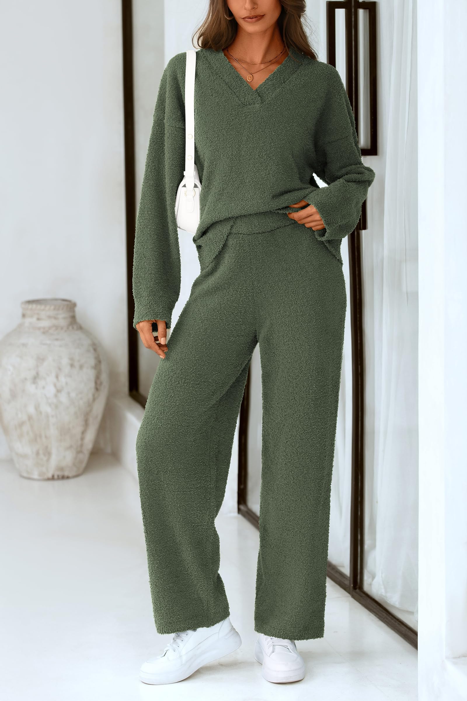 Lounge Sets for Women Fall 2 Piece Fuzzy Sweater Pajama Set