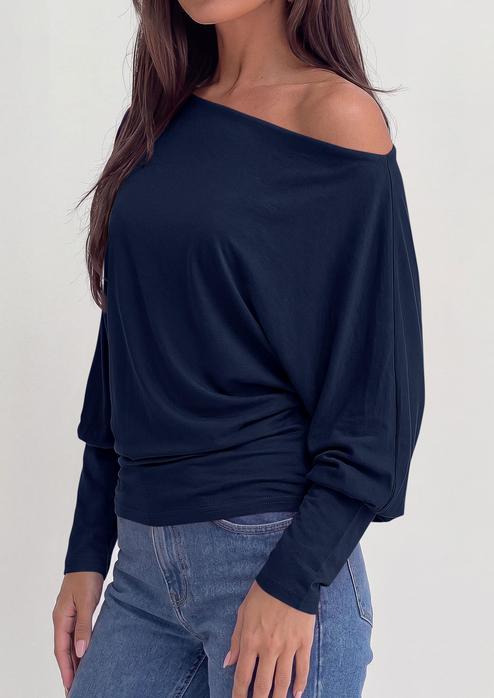 Womens Off The Shoulder Batwing Long Sleeve Top,Navy,S