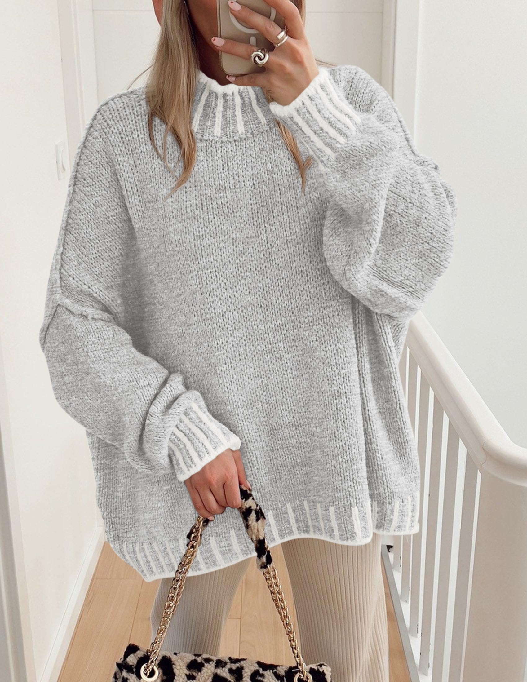 Women's Mock Neck Oversized Pullover Sweaters,Light Grey,XS