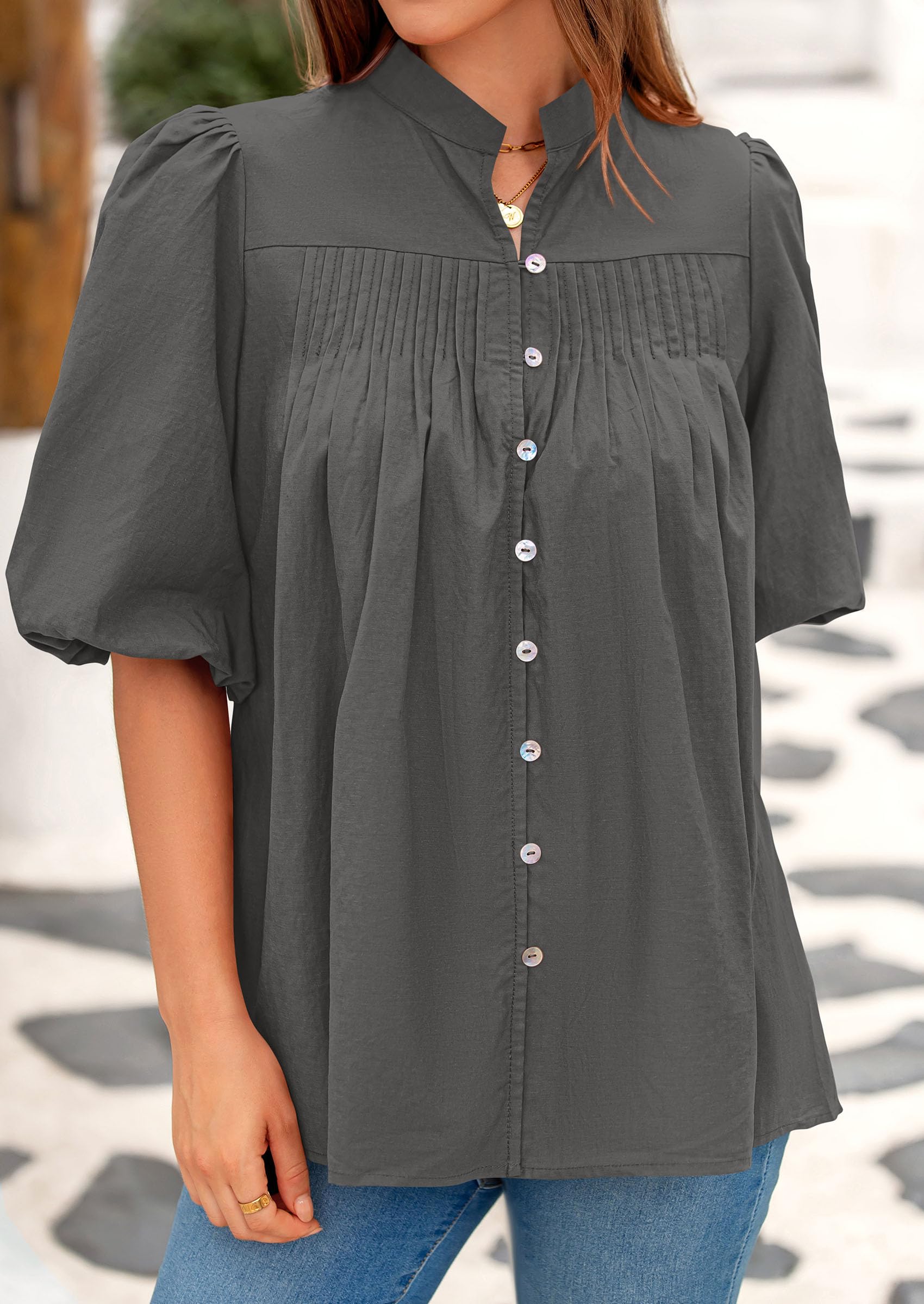 Short Sleeve Henley Shirts for Women,Grey,S