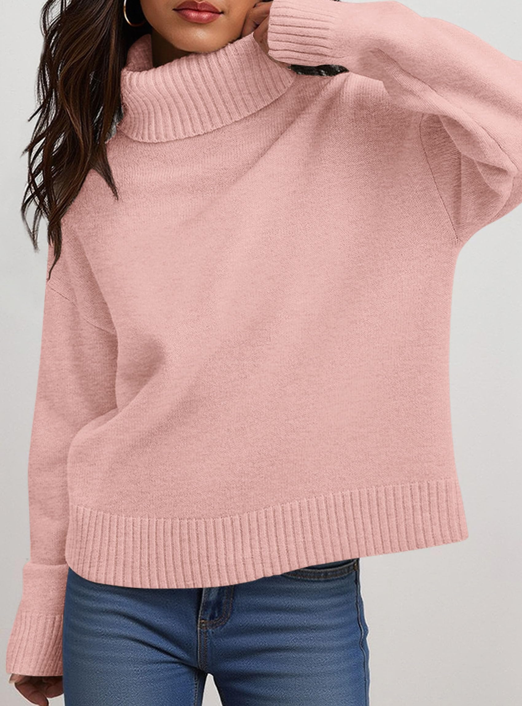 Womens Turtleneck Long Sleeve Knit Sweater,Pink,S