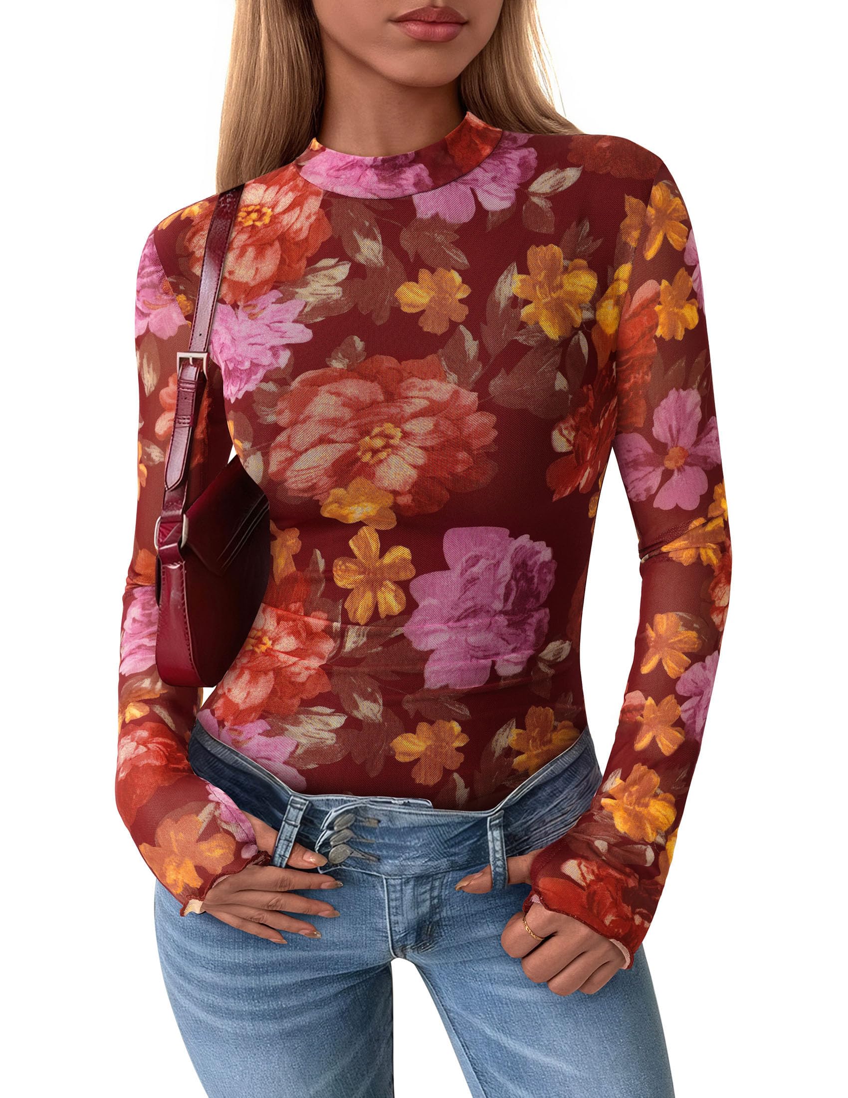 Womens Floral Mesh Long Sleeve Tops Fall Slim Fitted Shirts
