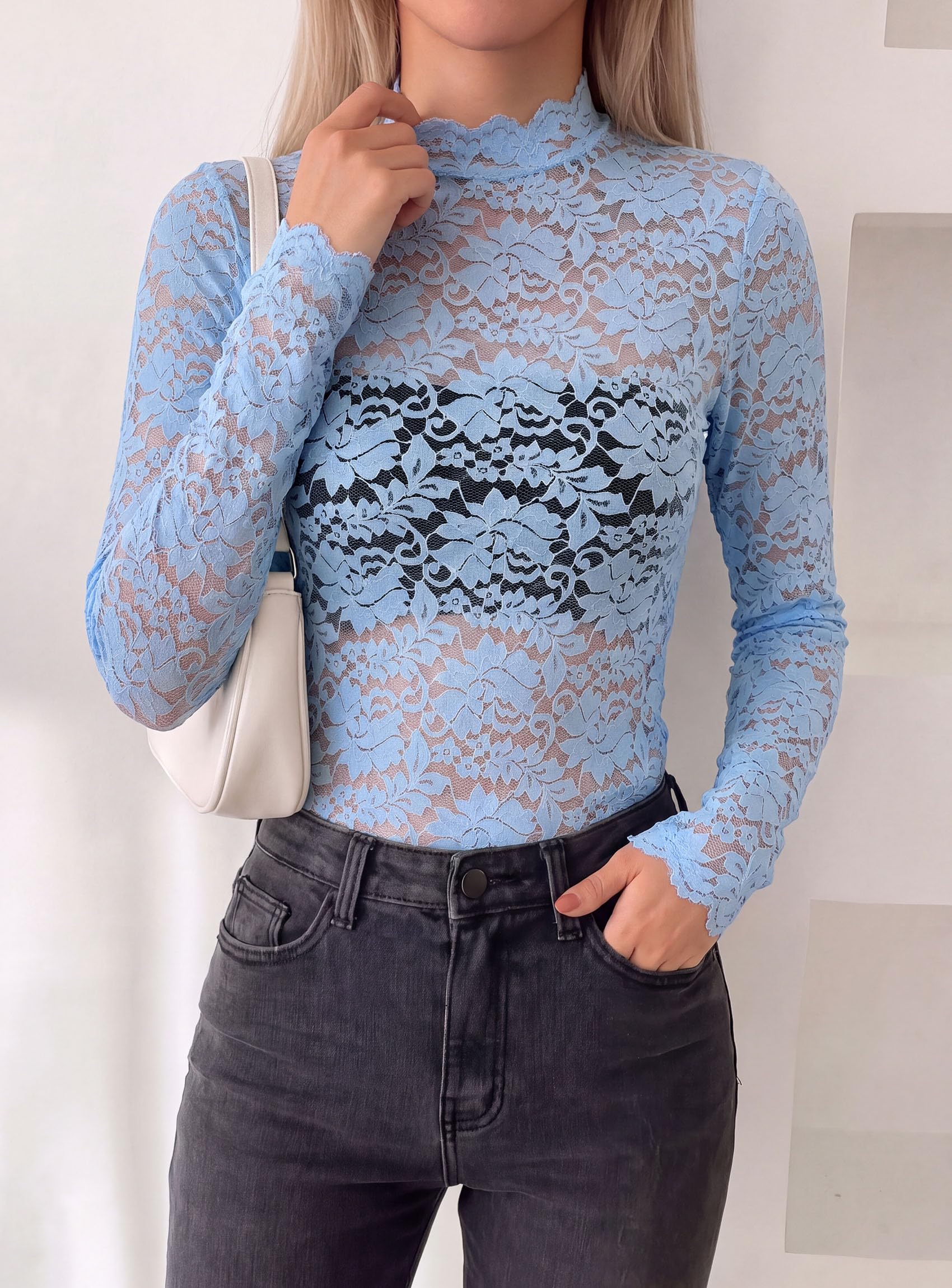 Womens Lace Long Sleeve Tops Sheer Mesh Blouse Blue,S