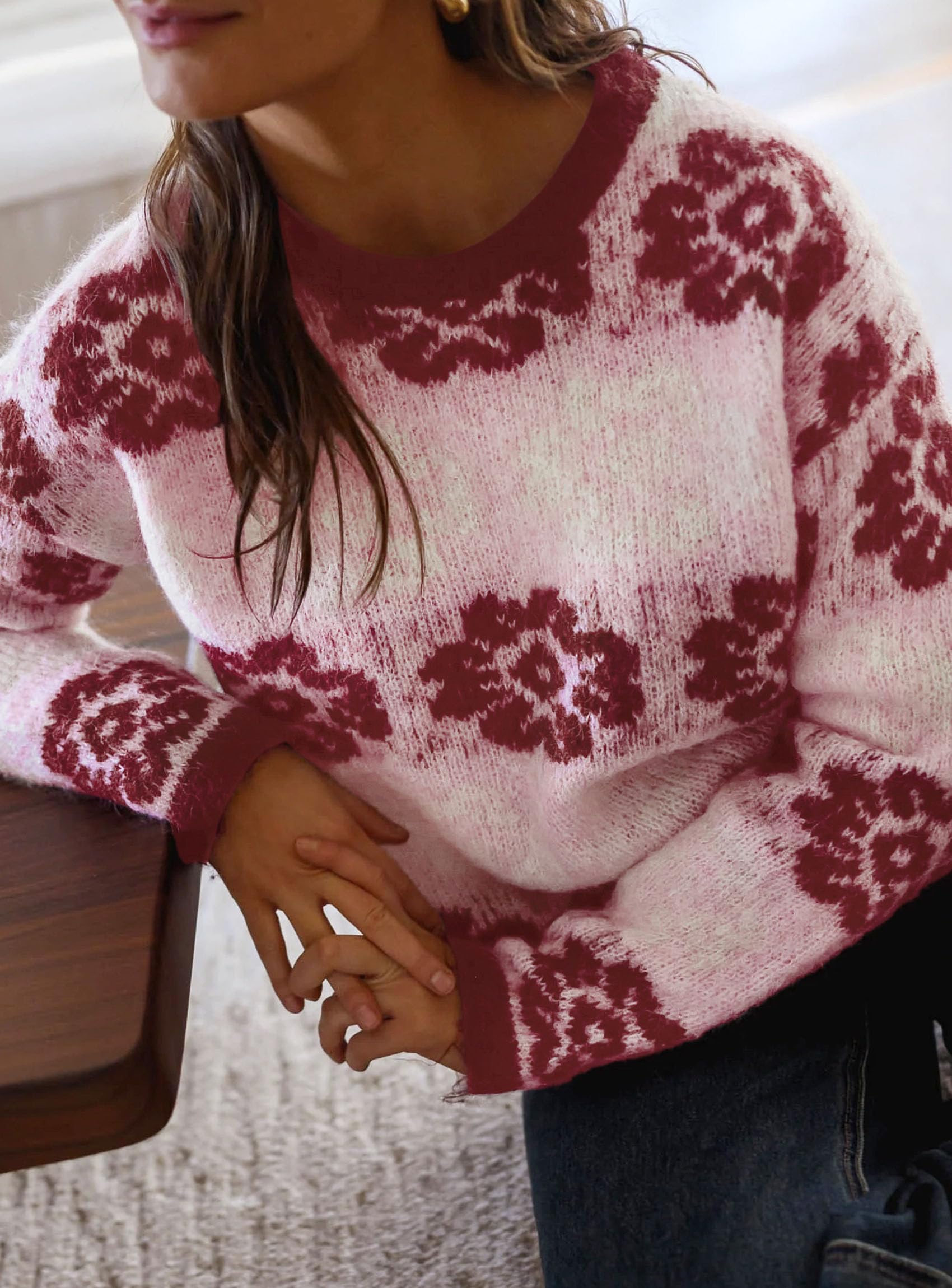 Women's Floral Crewneck Sweater Knit Pullover,Wine Red,L