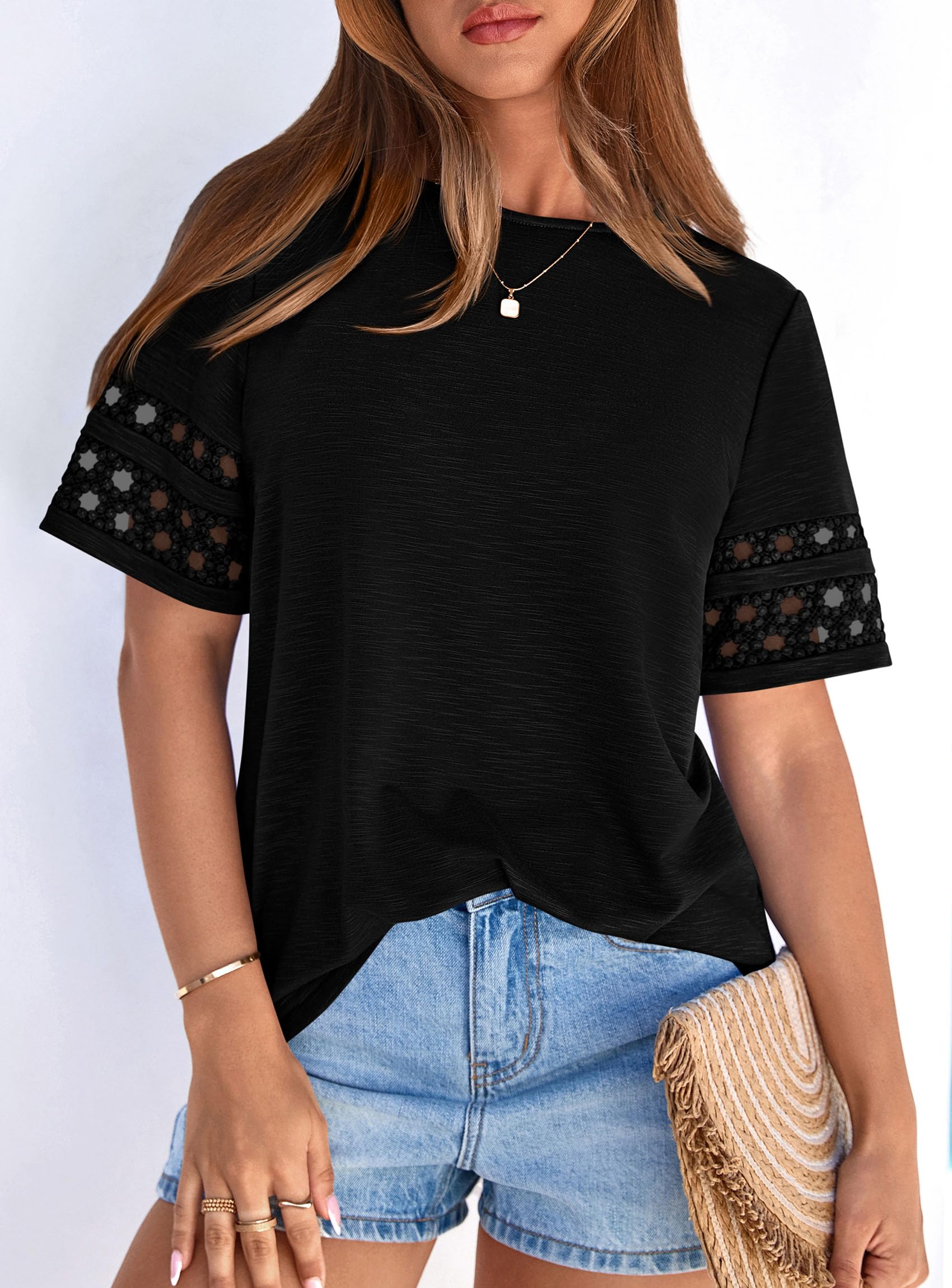 Women's Summer Short Sleeve Lace Trim T-Shirts,Black,S