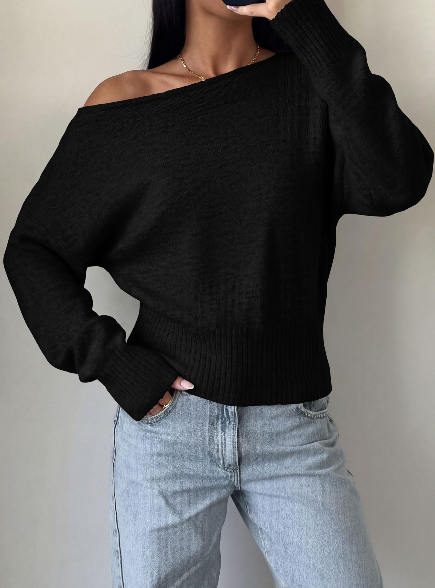Womens Off The Shoulder Sweater Fall Fashion,Black,S