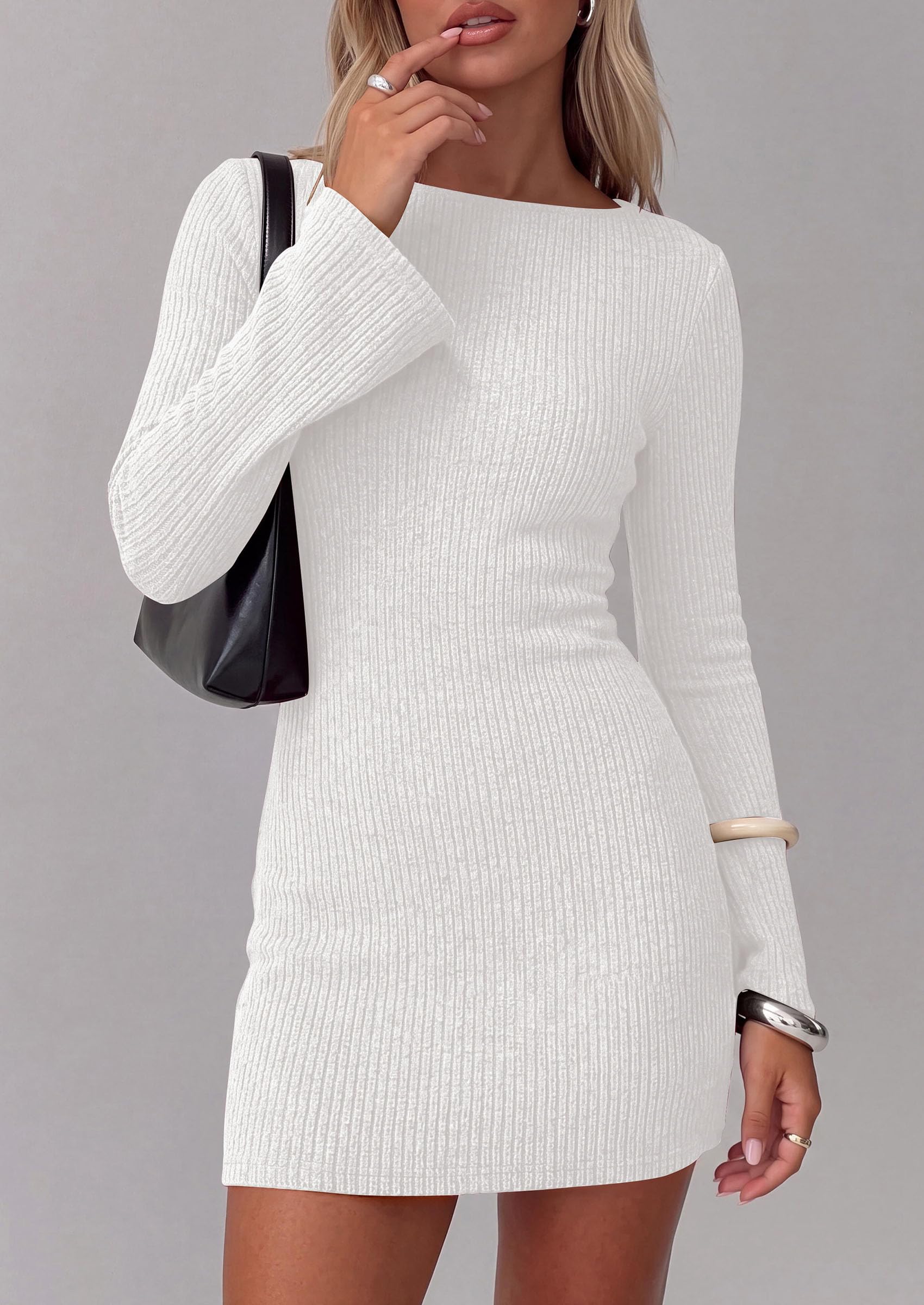 Womens Boat Neck Bell Long Sleeve Mini Sweater Dress White
