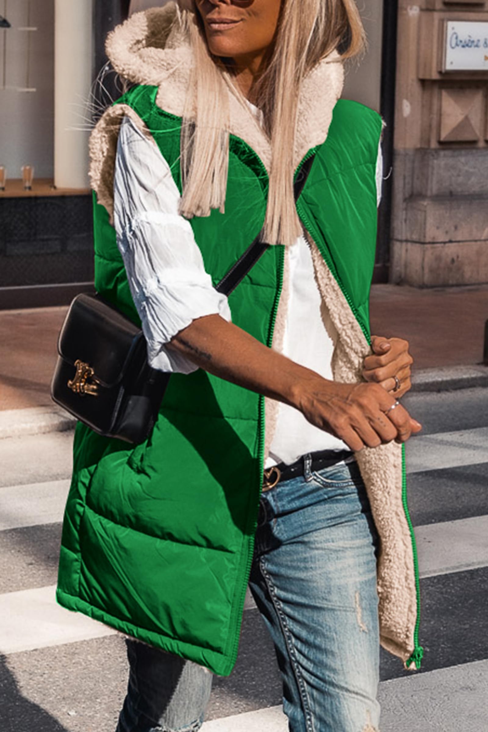 Women's Winter Reversible Fleece Long Vests(Green,S)