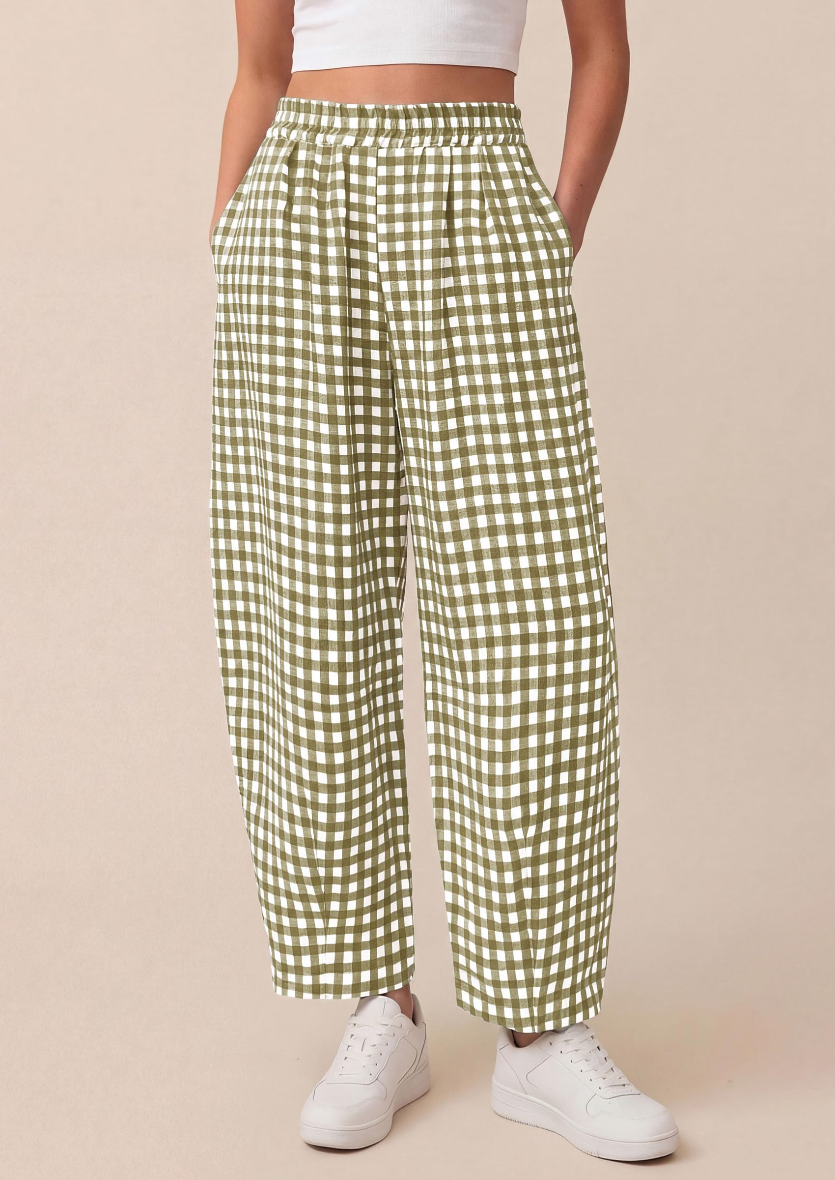 Plaid Barrel Pants Women Summer Bottoms, Army Green Plaid,S