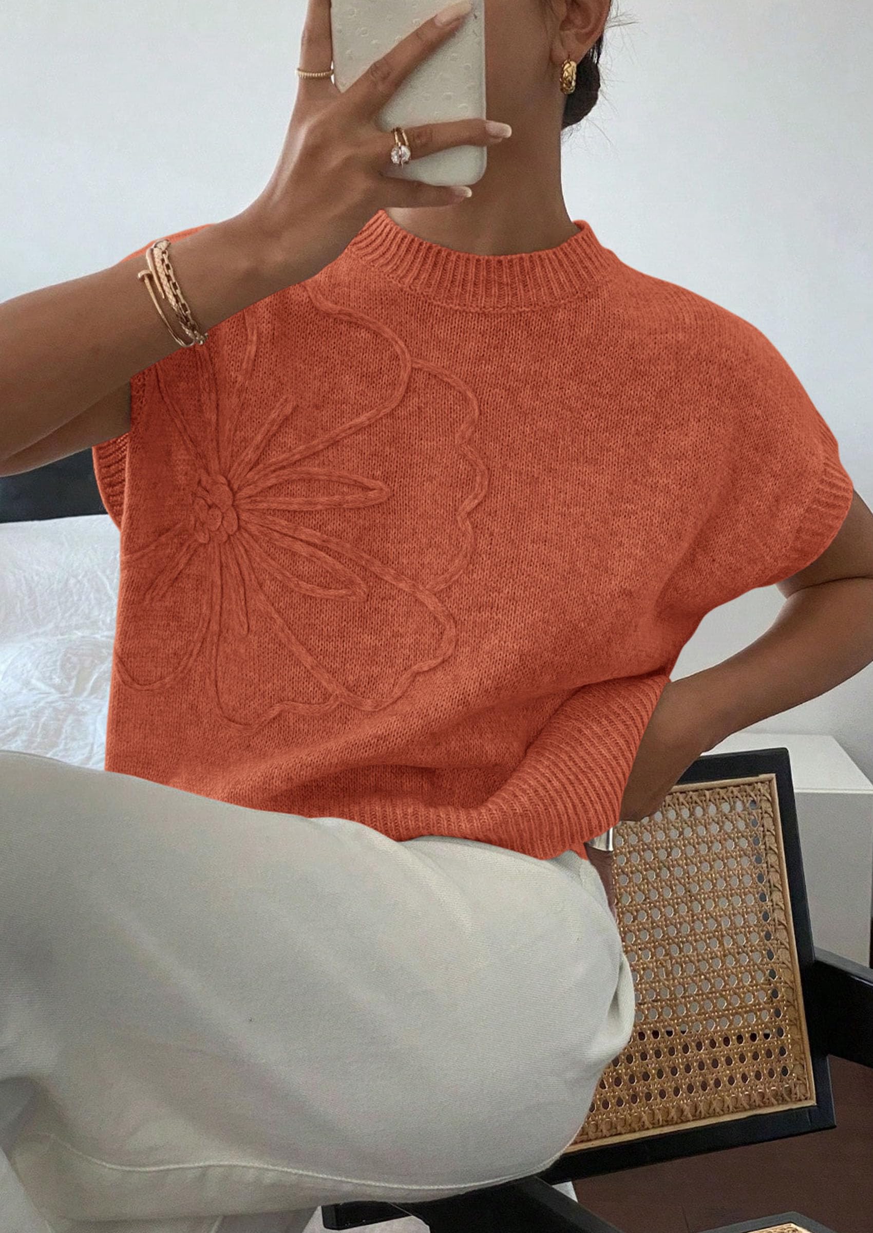 Women's Summer Short Cap Sleeve Sweater Vest (Burnt Orange,S)