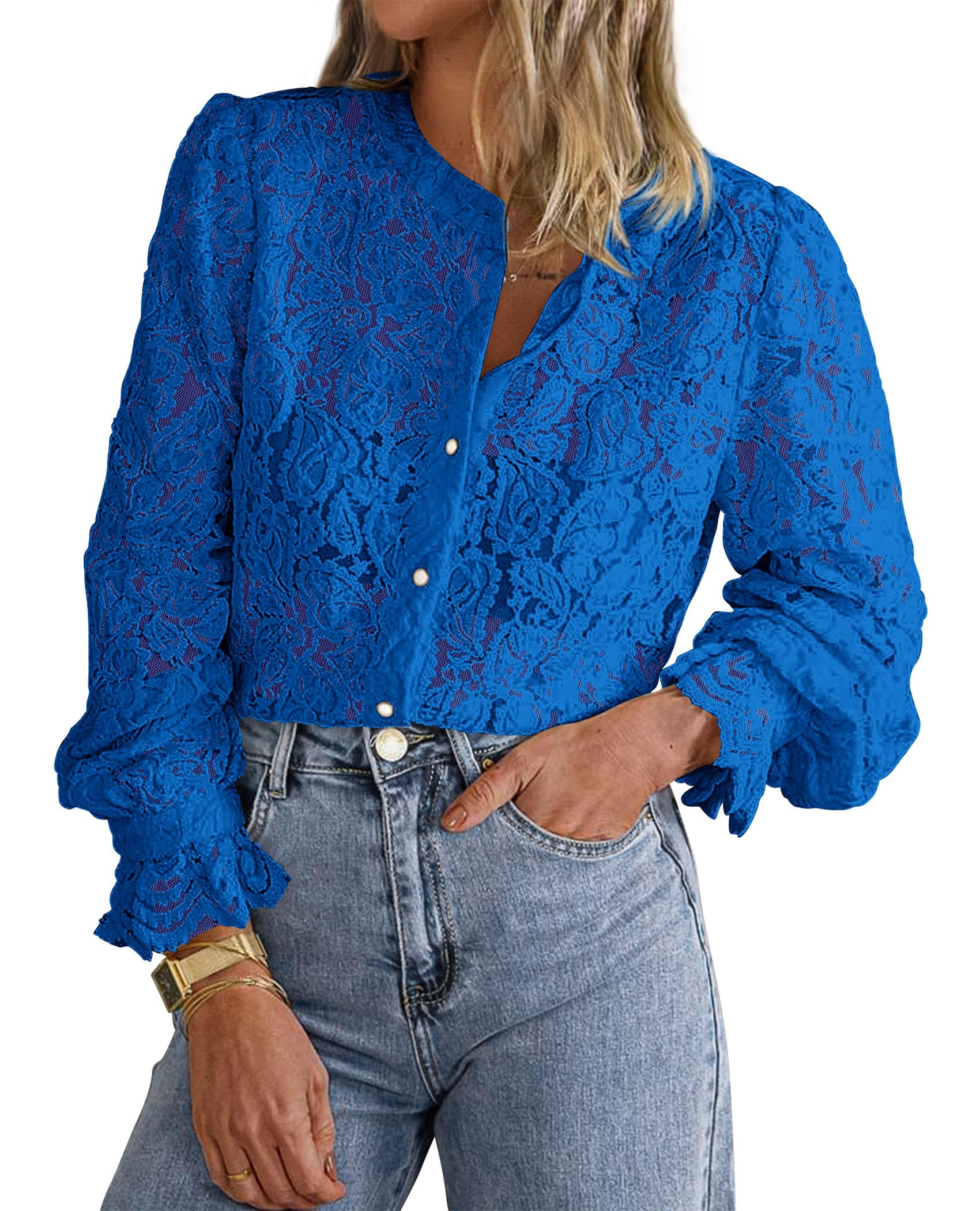 Women's Fall Trendy Long Sleeve Lace Tops(Blue,Small)