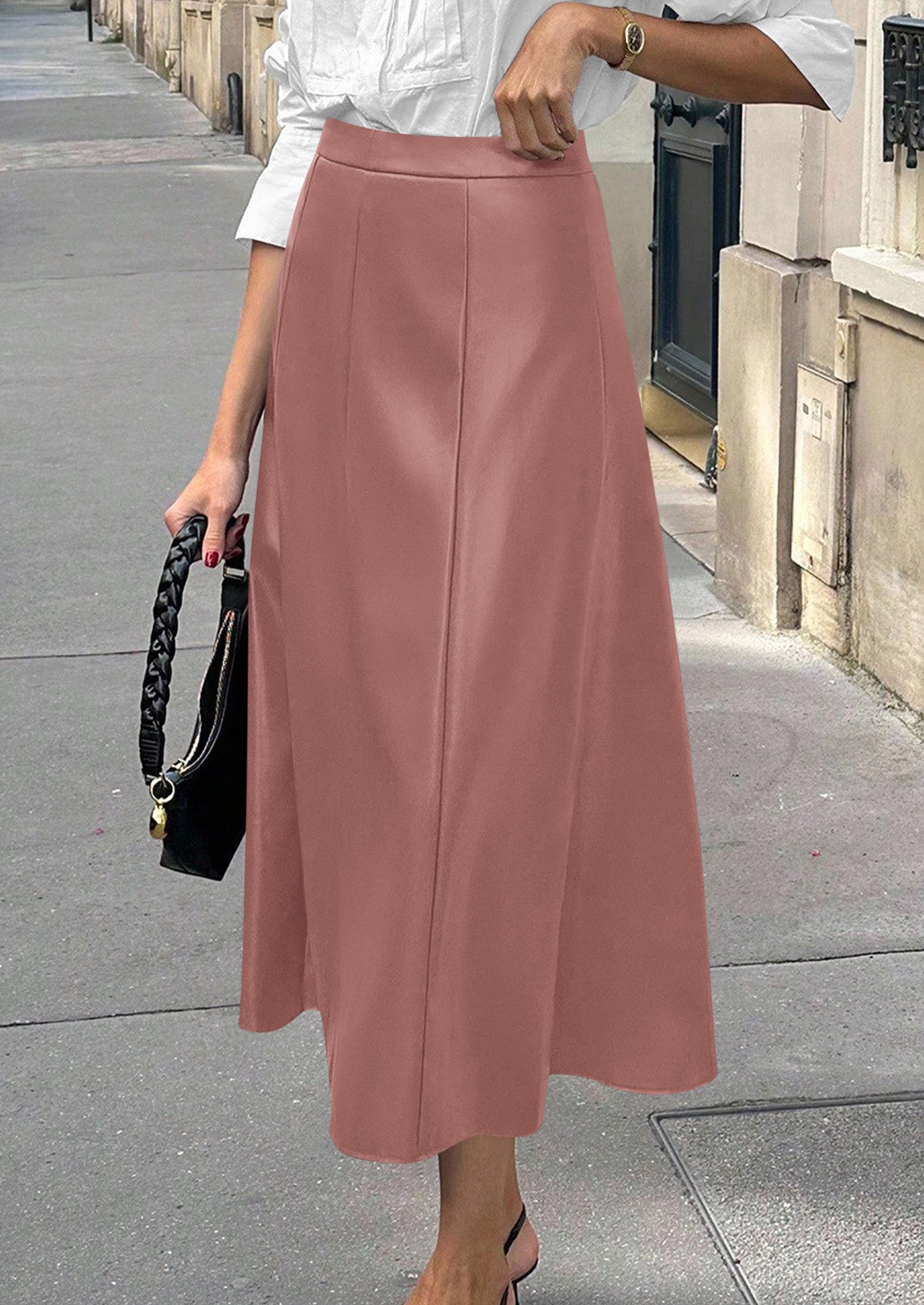 Womens Faux Leather High Waisted Midi Skirt,Dusty Pink,M