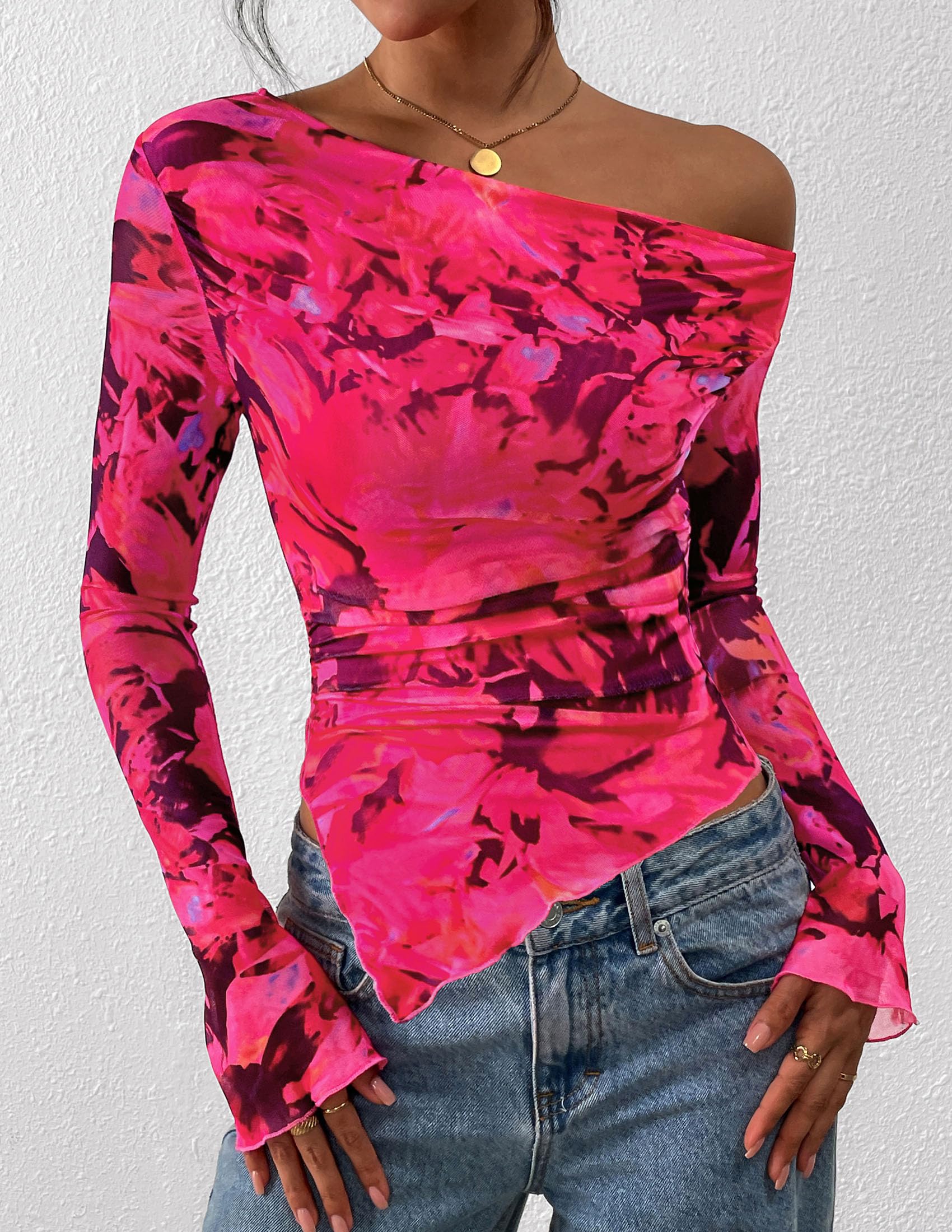 Womens Off Shoulder Mesh Y2k Tops,Floral Rose Red,XS