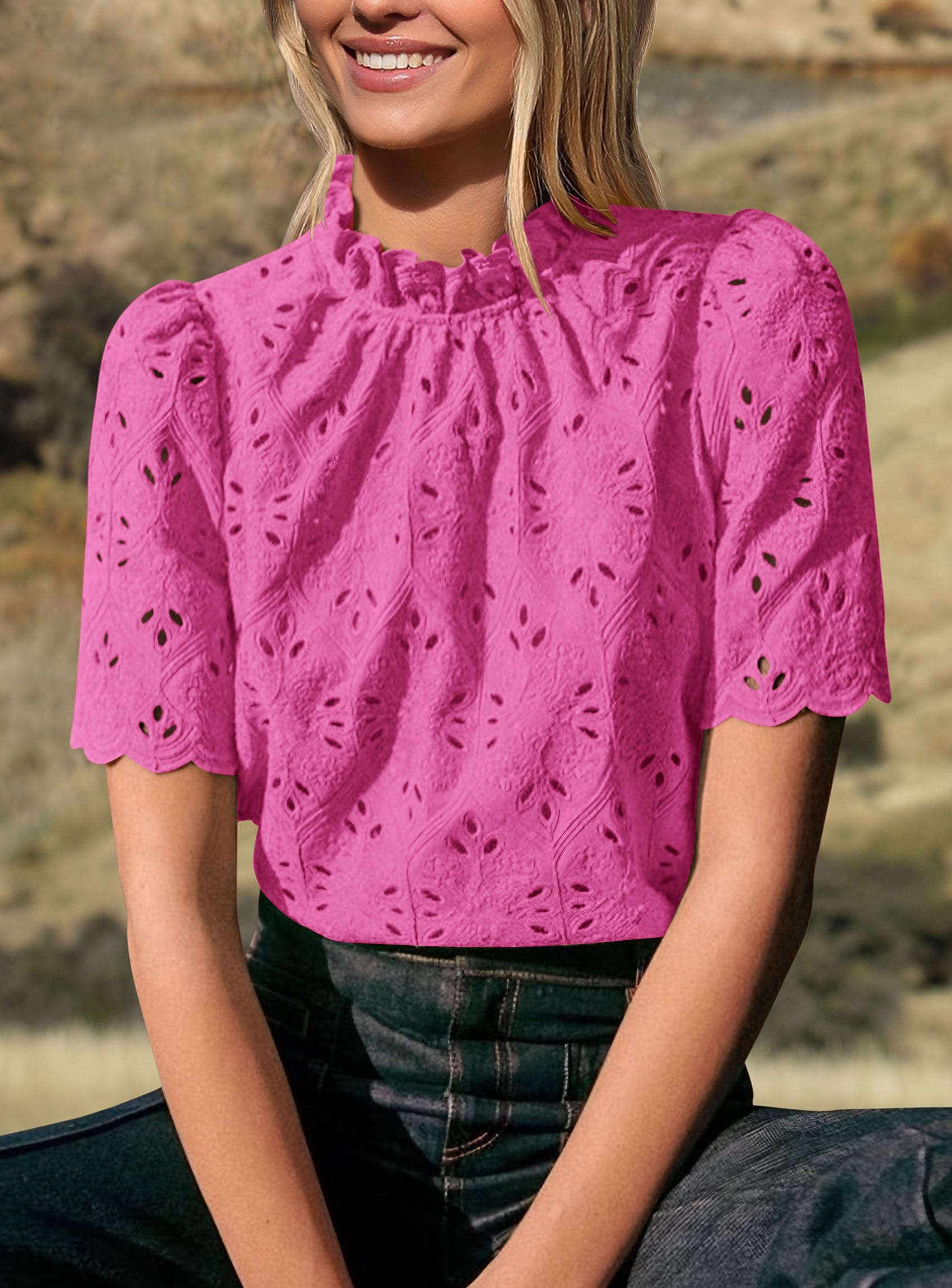 Women Summer Tops Eyelet Embroidered Shirts,Rose Red,XS