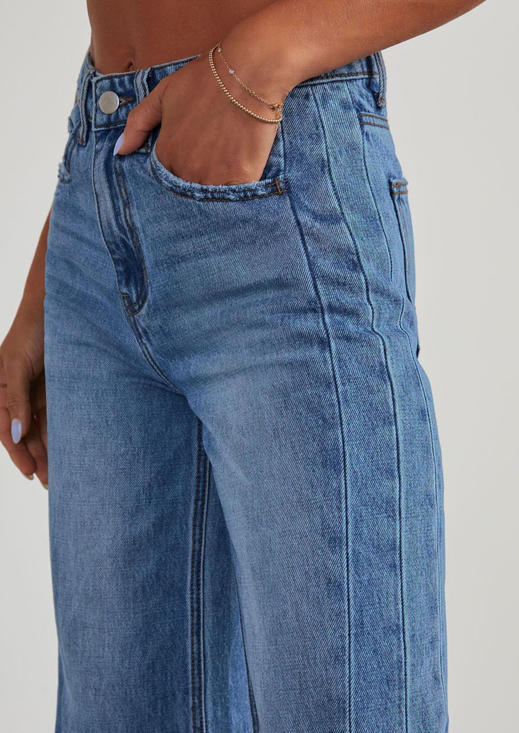 Women's Wide Leg Jeans Raw Hem Denim Pants,Dark Blue,4