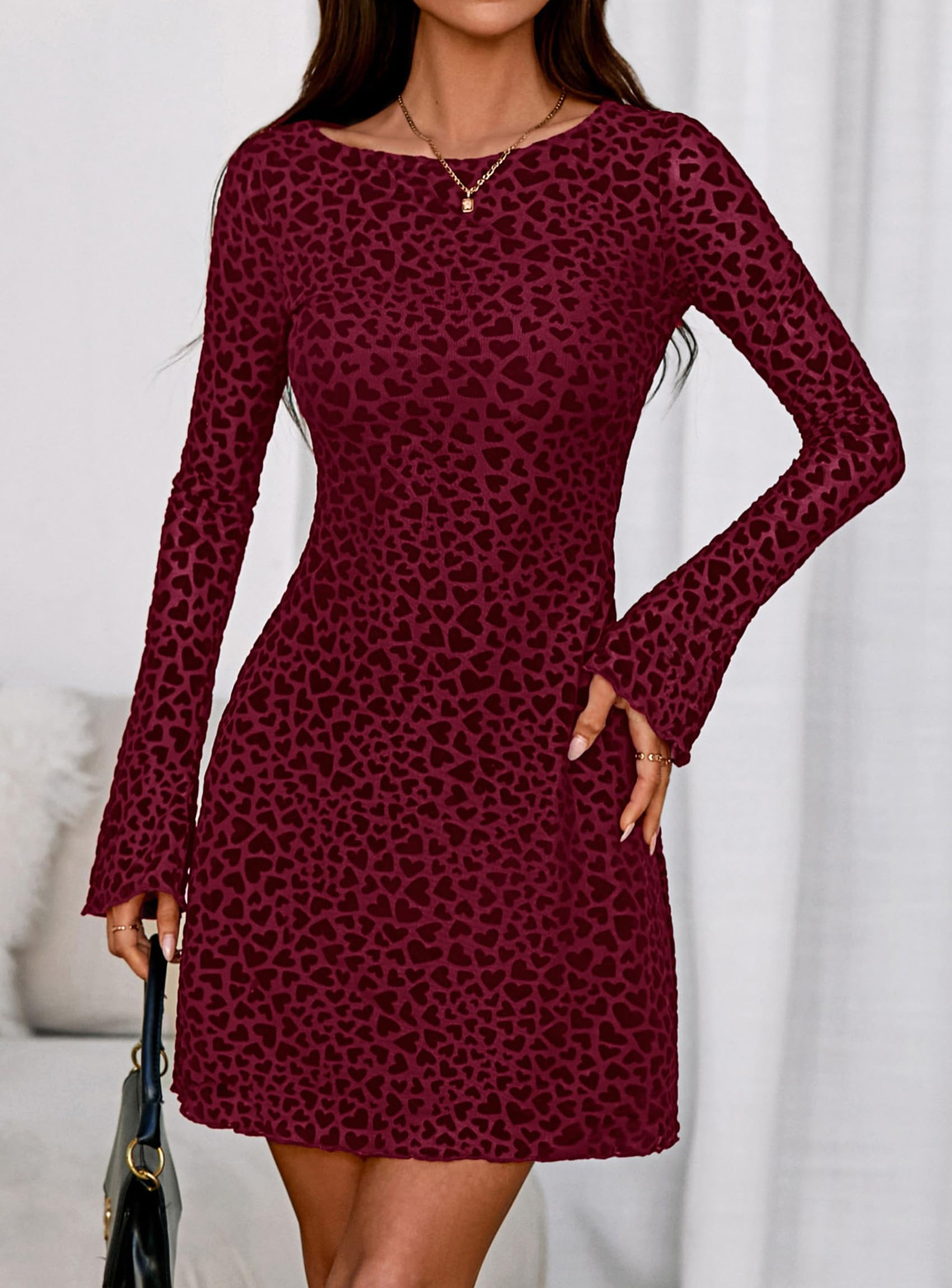 Women's Fall Floral Long Sleeve Mini Dress (Wine Red,XS)