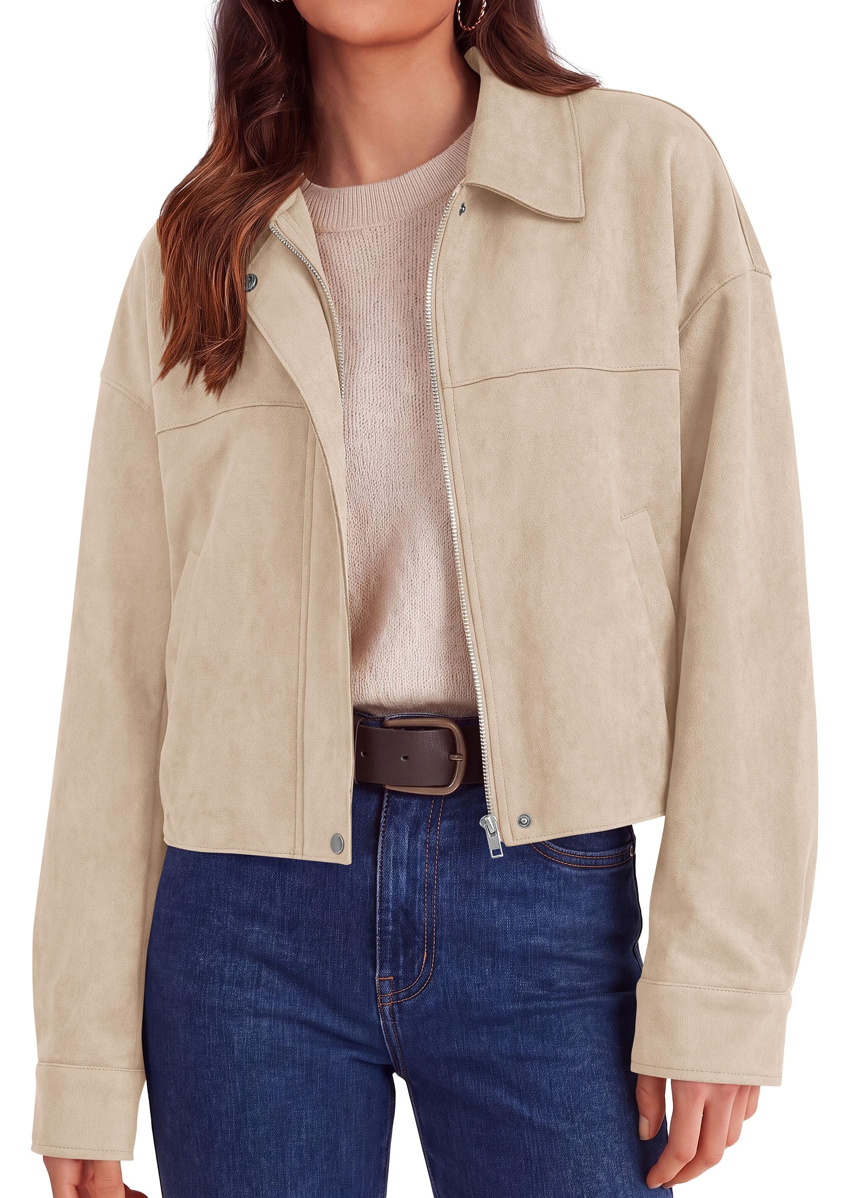 Women's Faux Suede Cropped Fall Jackets,Beige,S