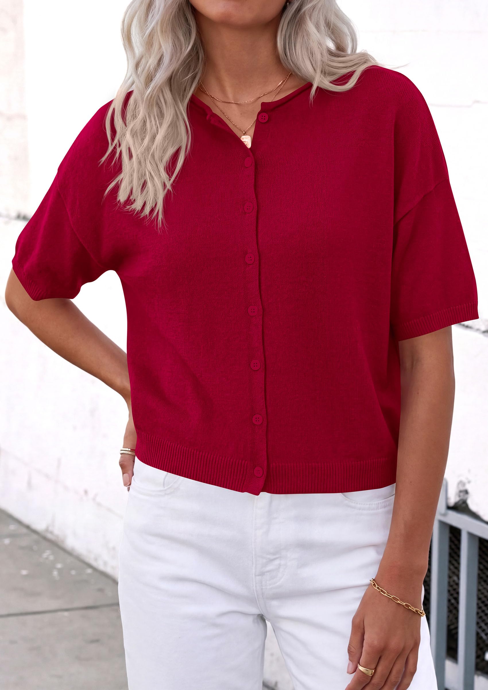 Women's Short Sleeve Cardigan Sweaters (Red,Large)