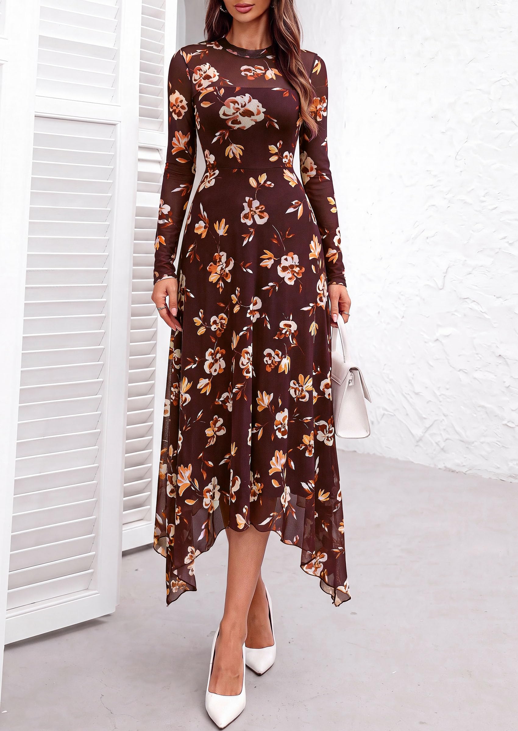 Women's Floral Mesh Midi Dress,Floral Burgundy Yellow,S