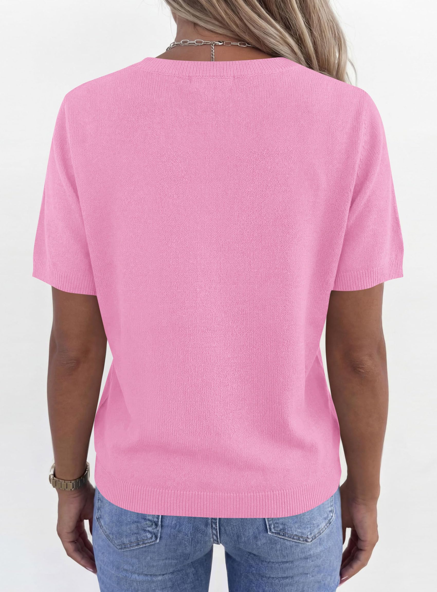 Womens Short Sleeve Sweater V Neck Tops,Pink,S