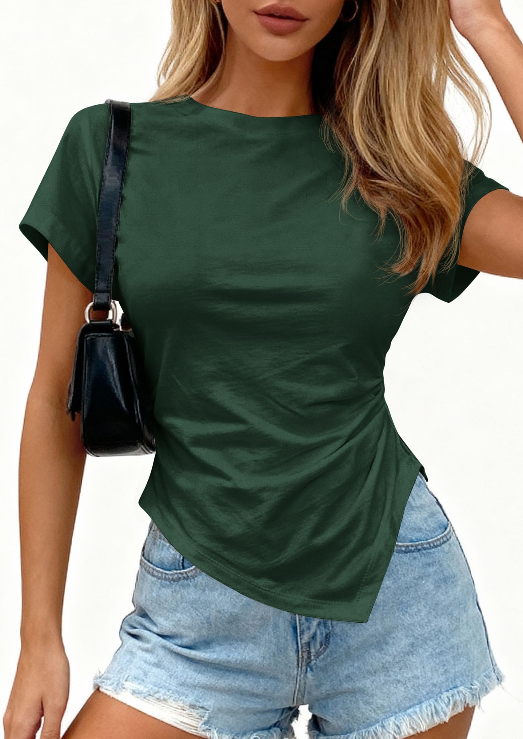Womens Asymmetrical Summer Short Sleeve Tops,Dark Green,XS