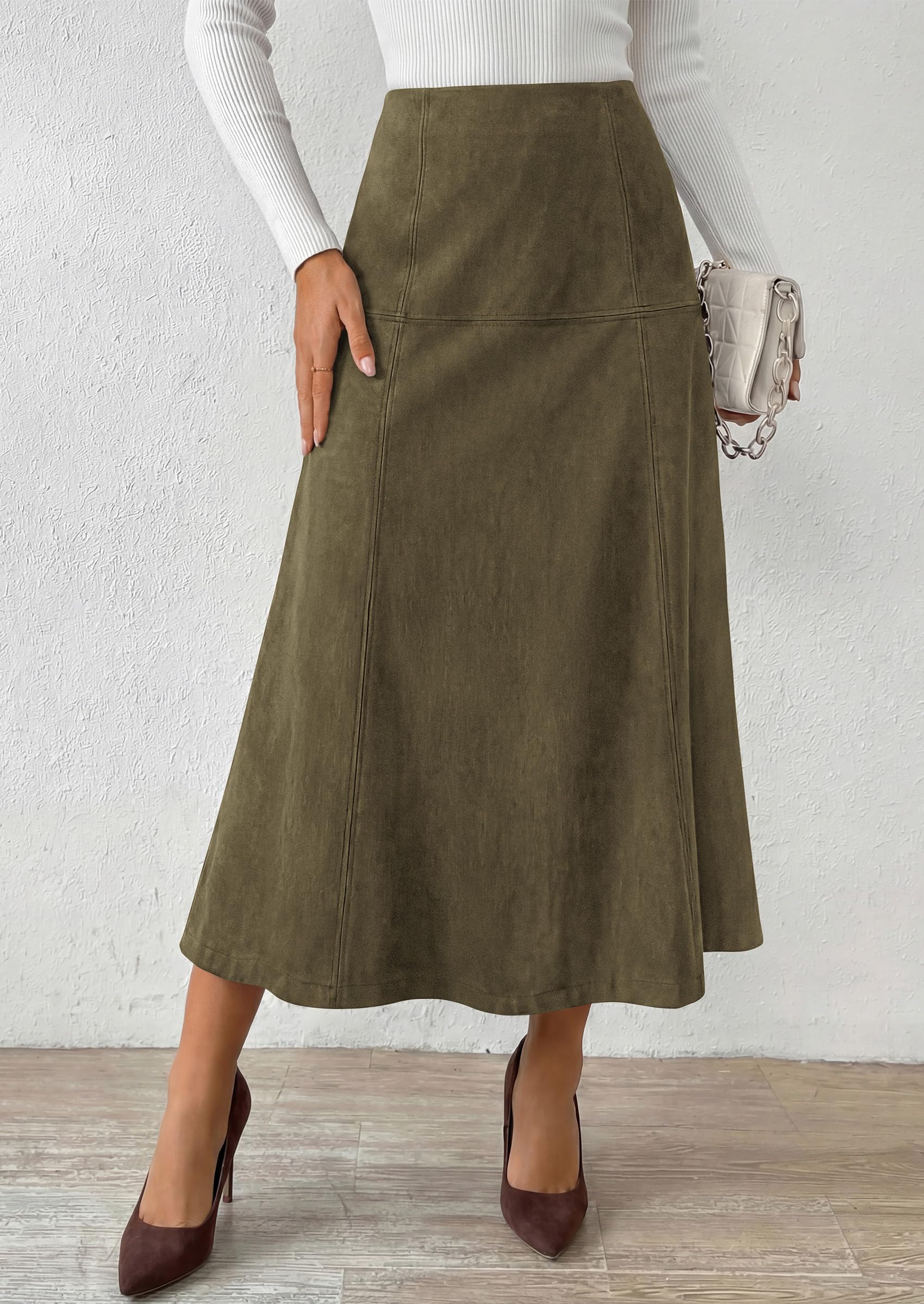 Womens High Waist Faux Suede A Line Midi Skirt,Army Green,S