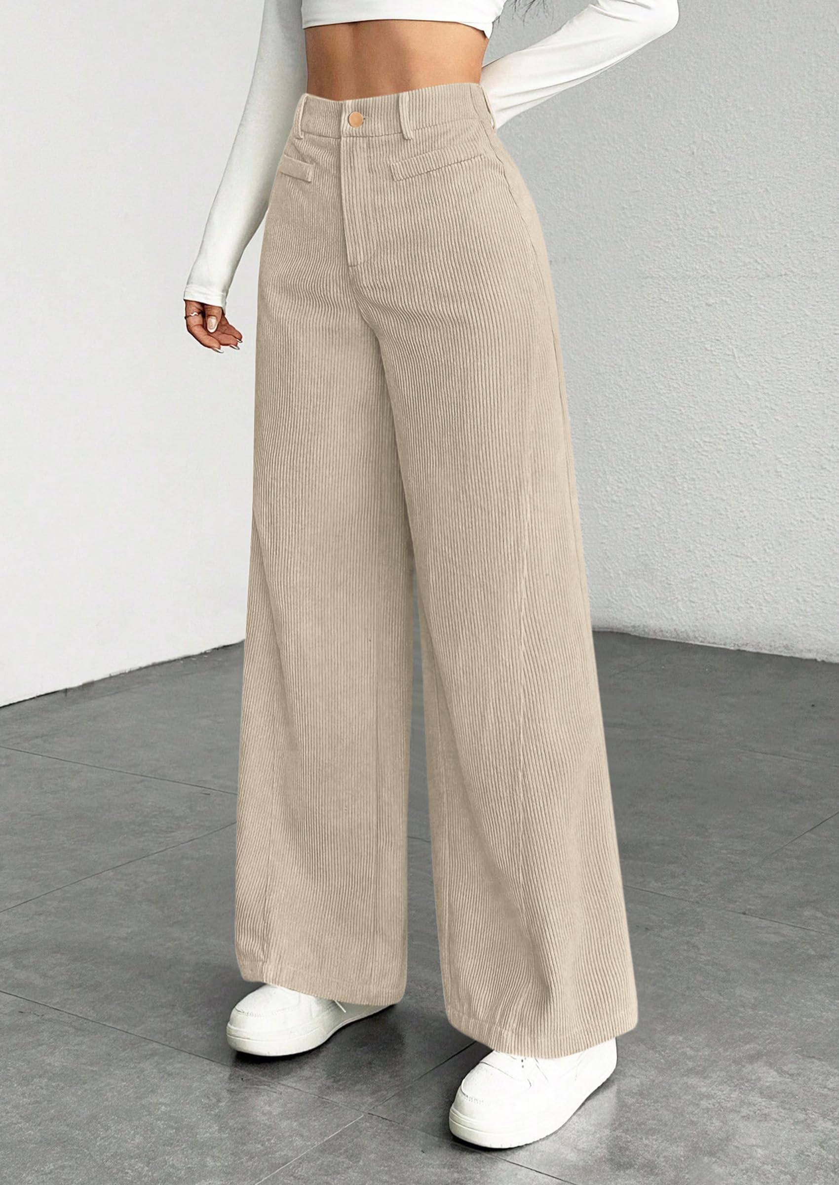 Women's High Waisted Corduroy Pants Casual,Beige White,S