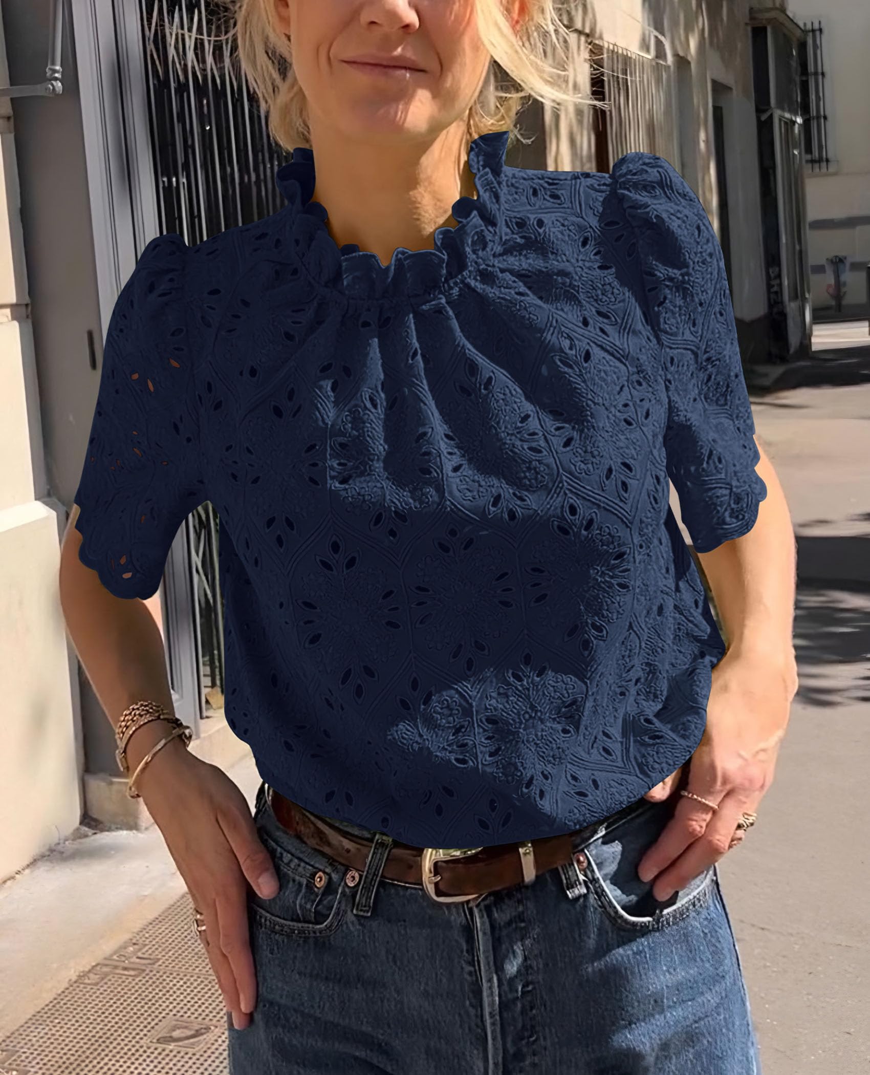 Women Summer Tops Eyelet Embroidered Shirts,Navy,XS