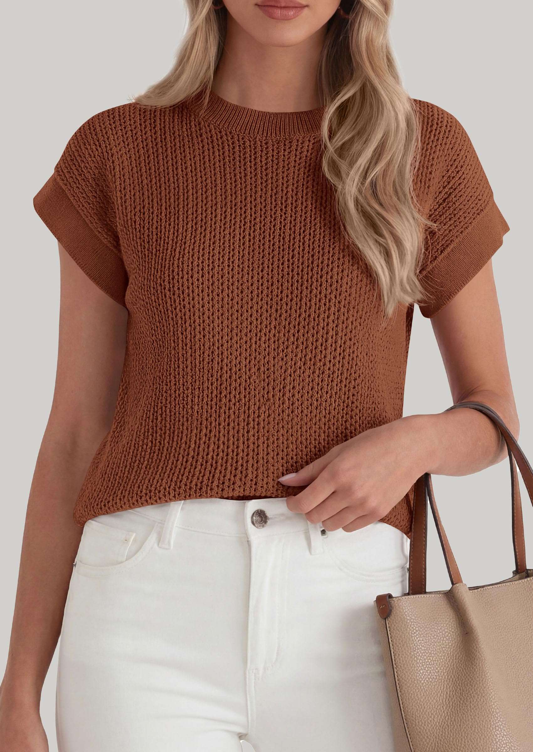 Women's Summer Sweater Vest Crochet Tops (Brown,S)