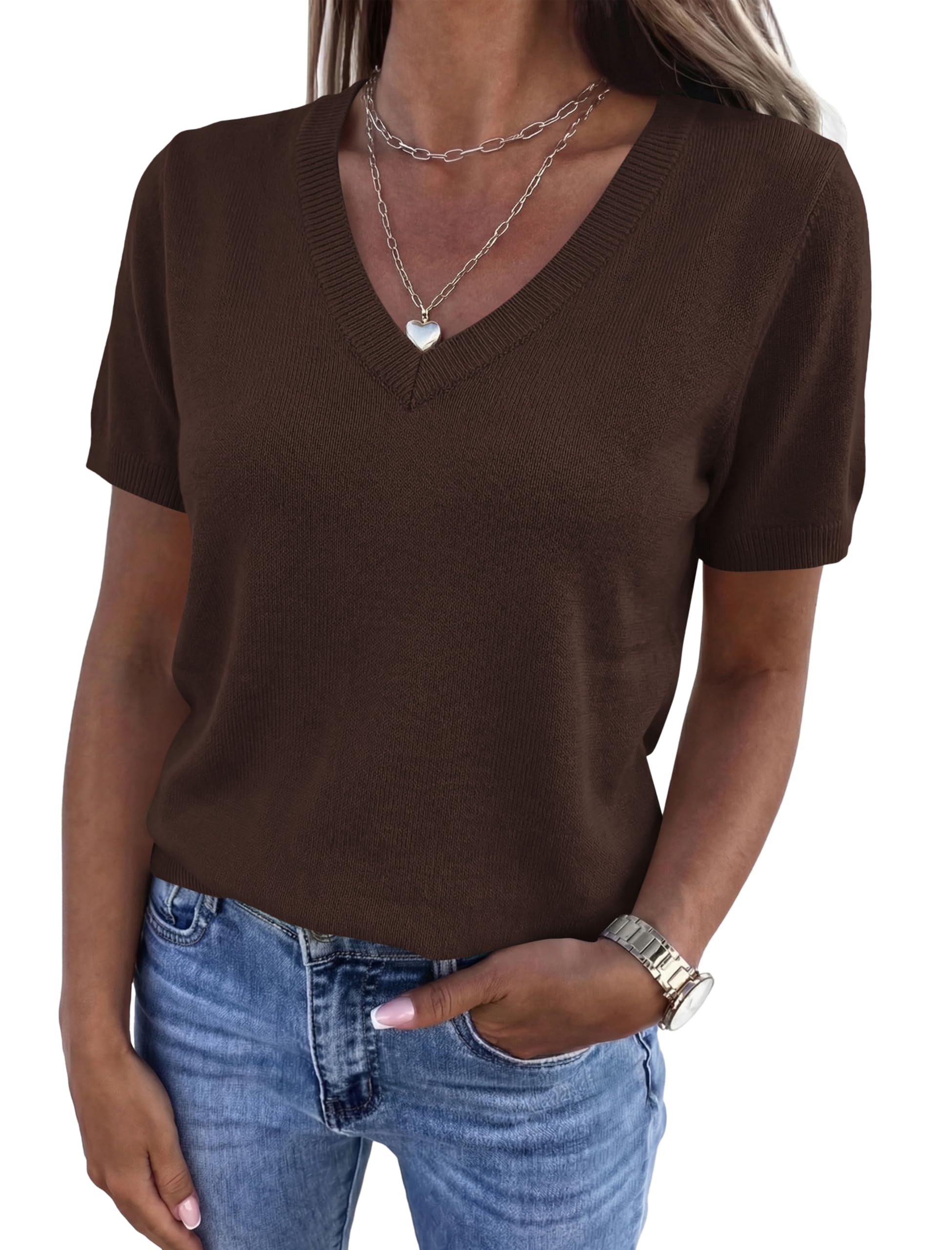Womens Short Sleeve Sweater V Neck Tops,Brown,S