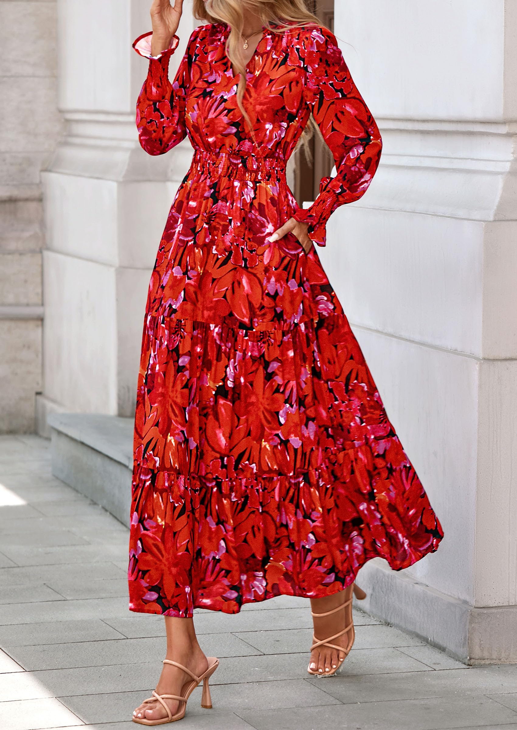 Women's Floral Maxi Dress Fall A Line Wedding Guest Dresses