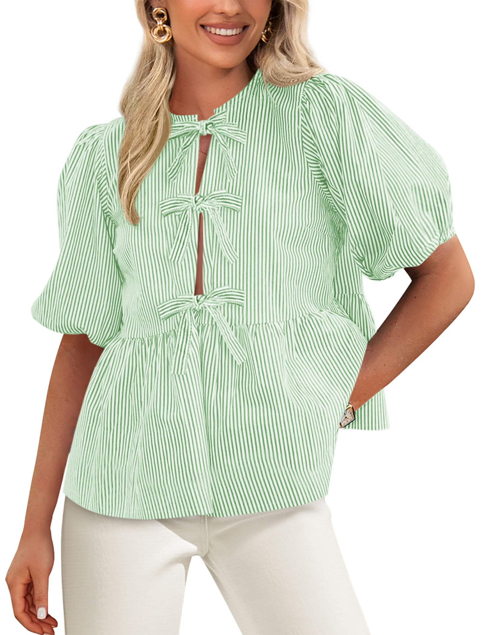 Women Striped Tie Front Babydoll Peplum Tops, Light Green,S