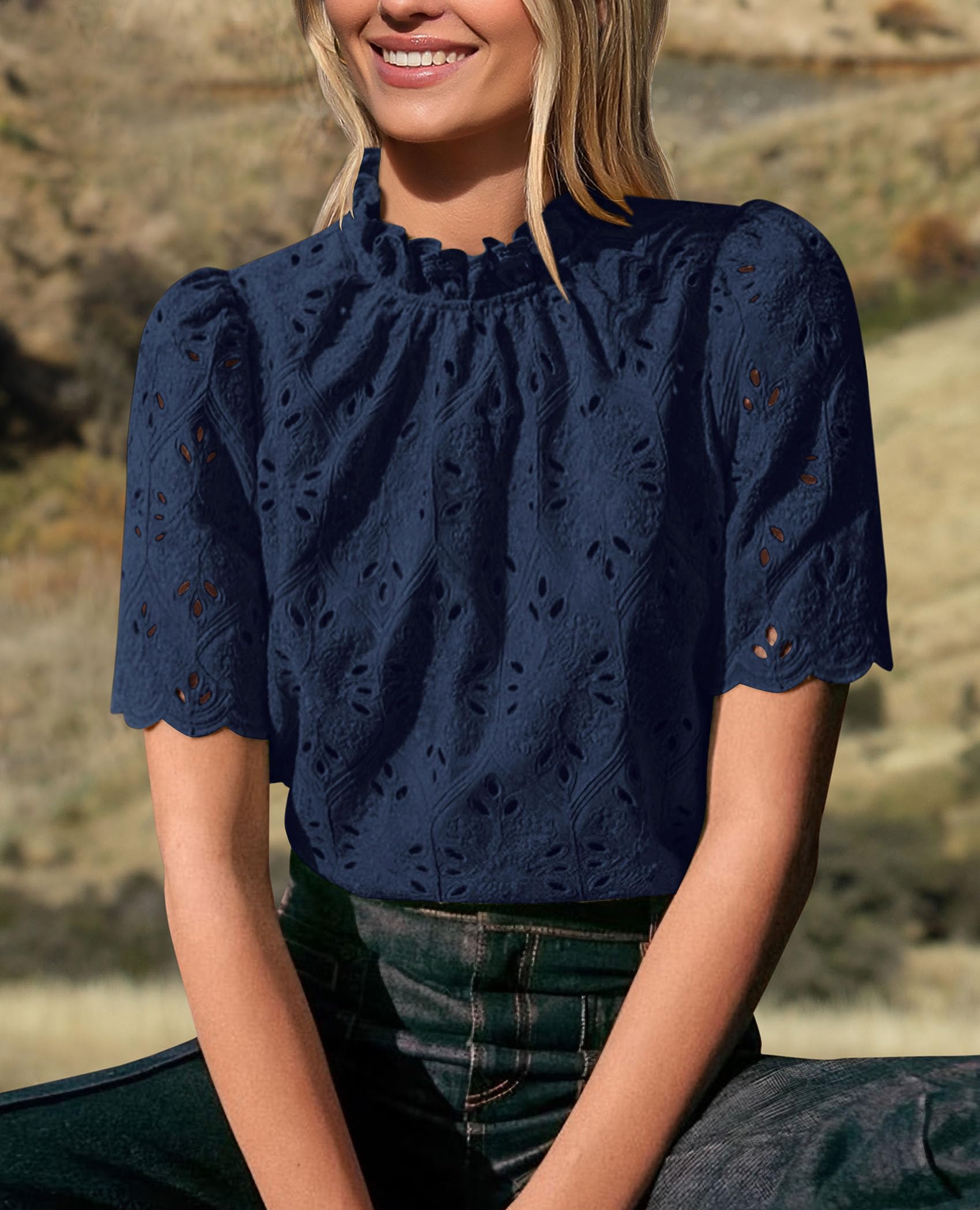 Women Summer Tops Eyelet Embroidered Shirts,Navy,XS