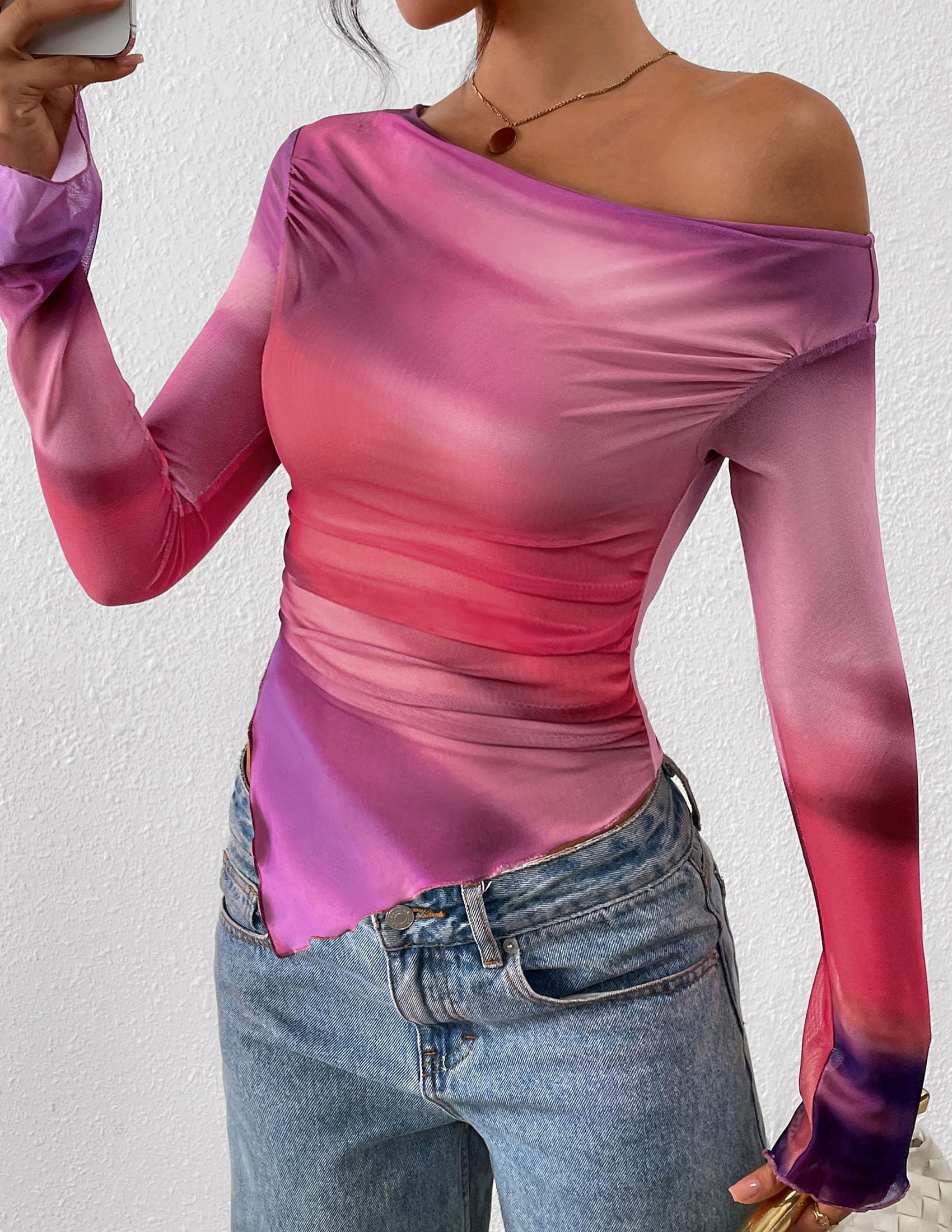 Womens Off Shoulder Mesh Y2k Tops,Multicolour Print,XS