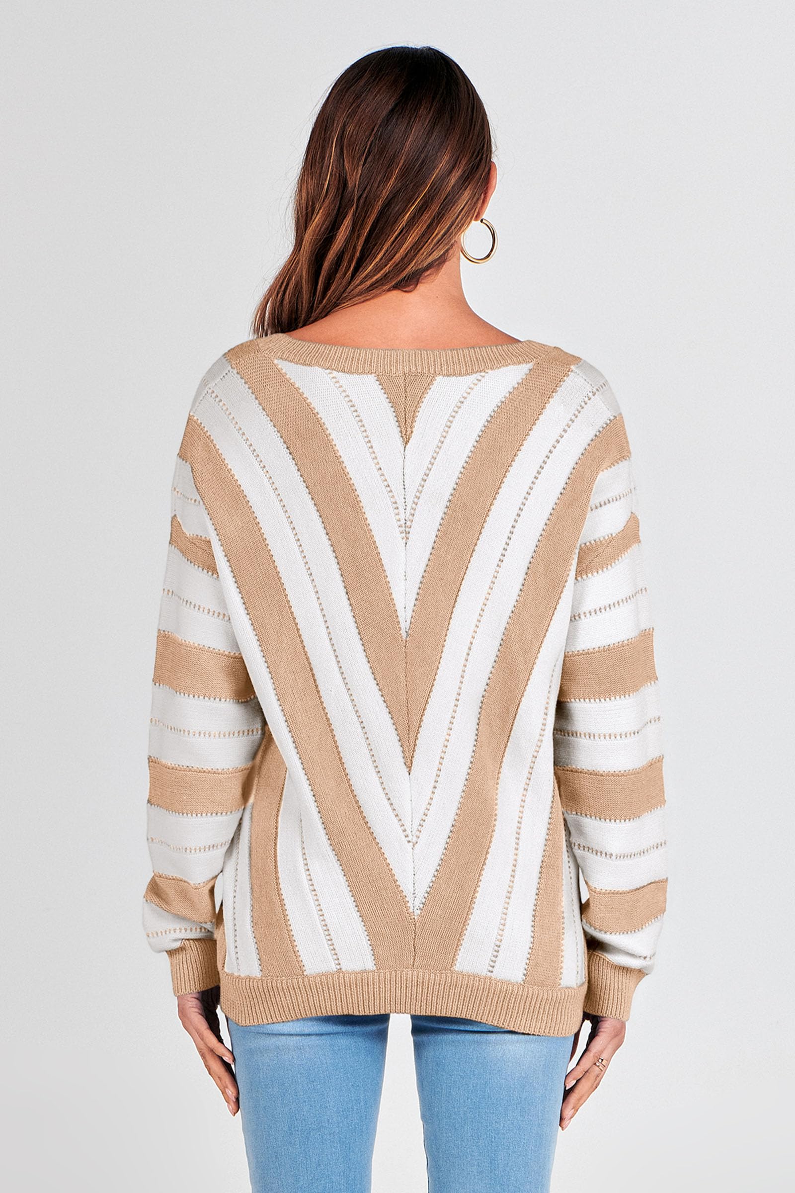 Women's V Neck Striped Knit Pullover Sweater