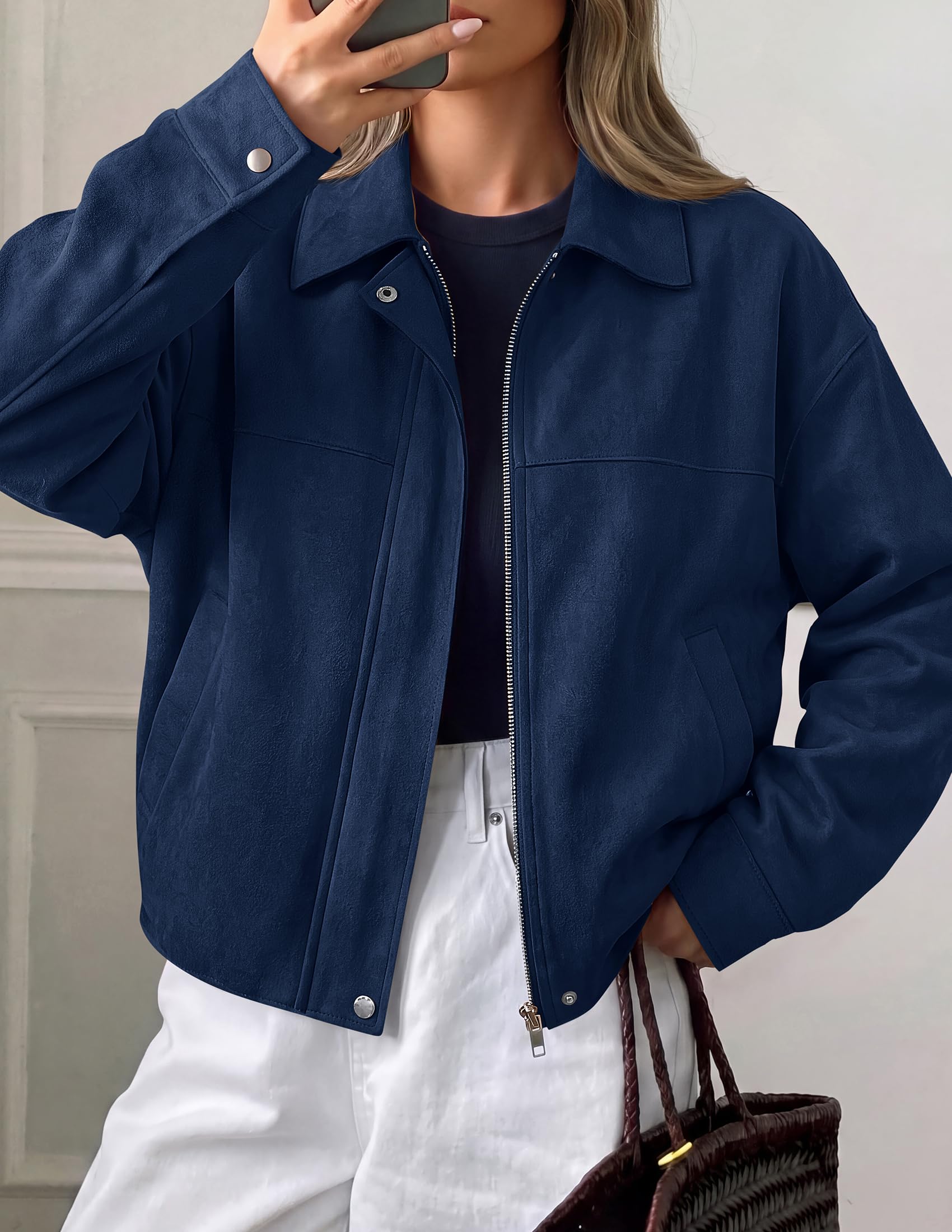 Women's Faux Suede Cropped Fall Jackets,Navy,S