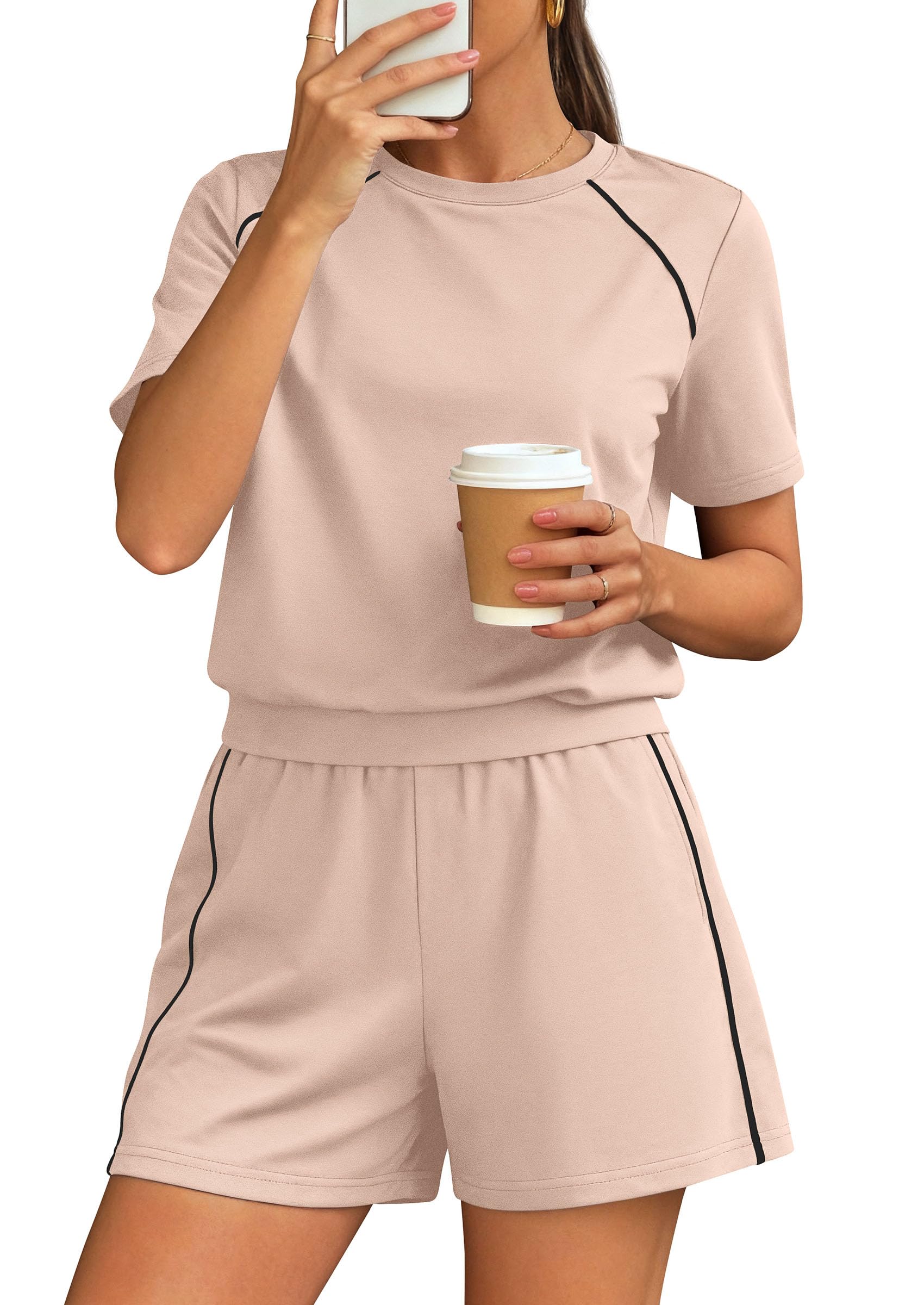 Womens 2 Piece Short Sets Casual Summer Outfits, Beige,M