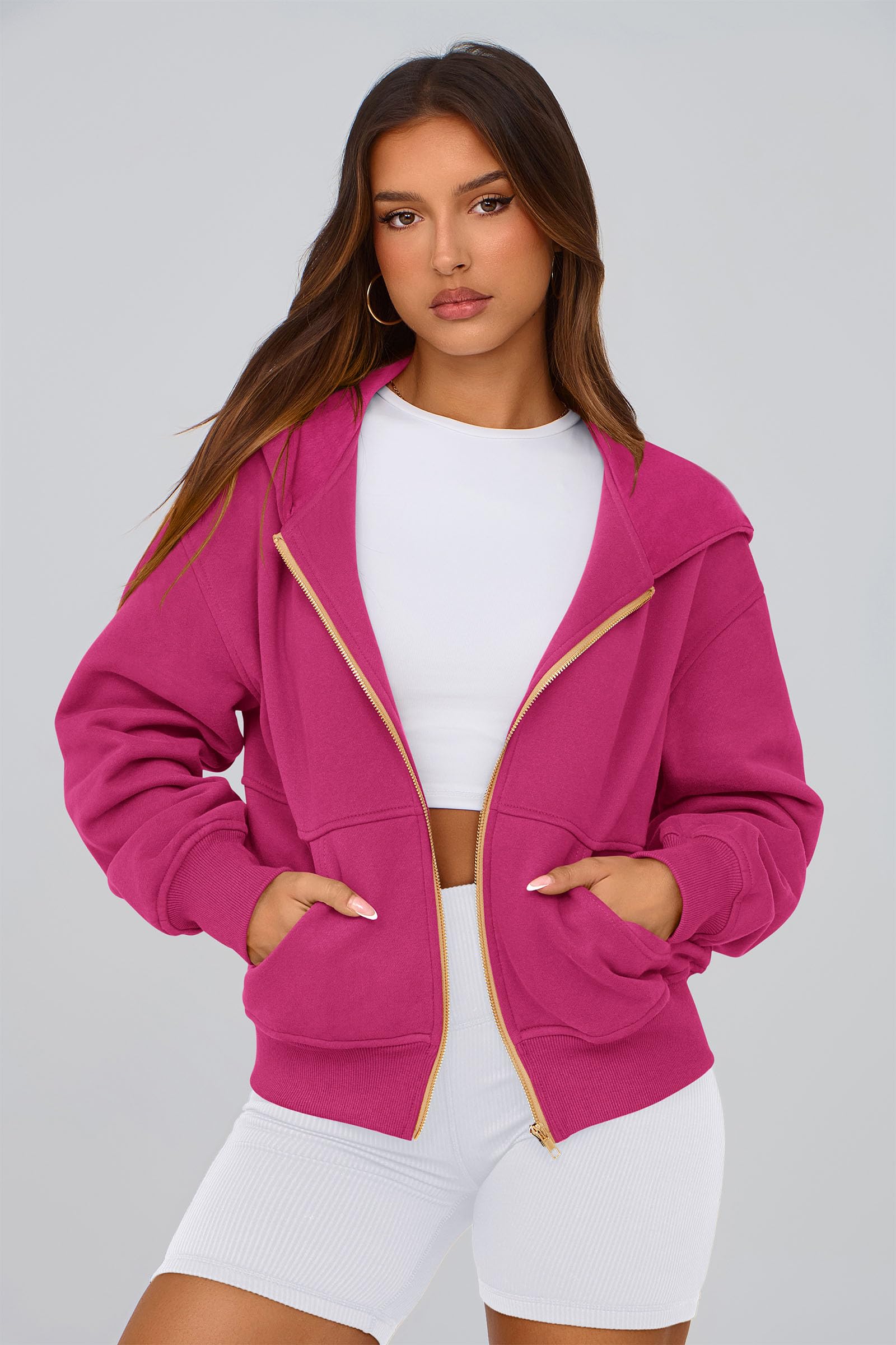 Hoodies for Women Fall Fashion Zip Up Fleece Plain Sweatshirt