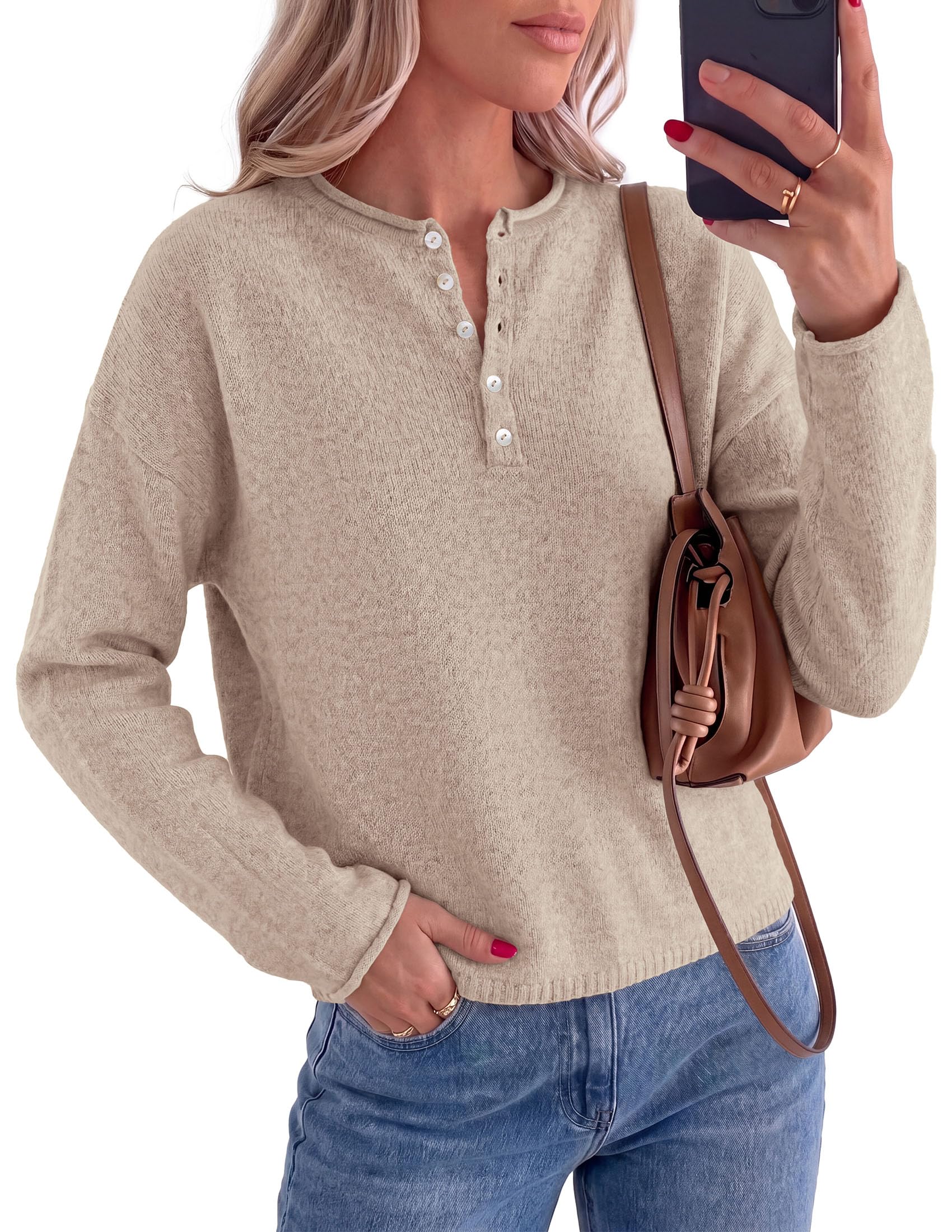 Women's Henley Cozy Sweaters Button Up Pullover Light Khaki