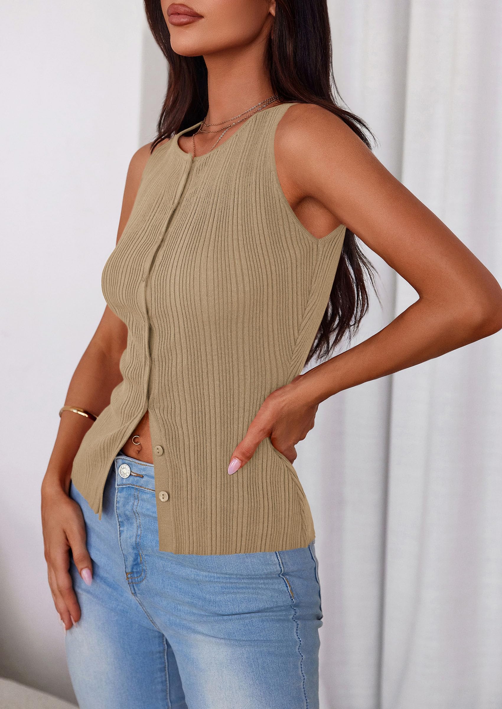 Sleeveless Button Down Shirts for Women Summer 2026 Going Out Ribbed Knit Tank Tops Y2K Clothes Trendy Vest Tops Camel