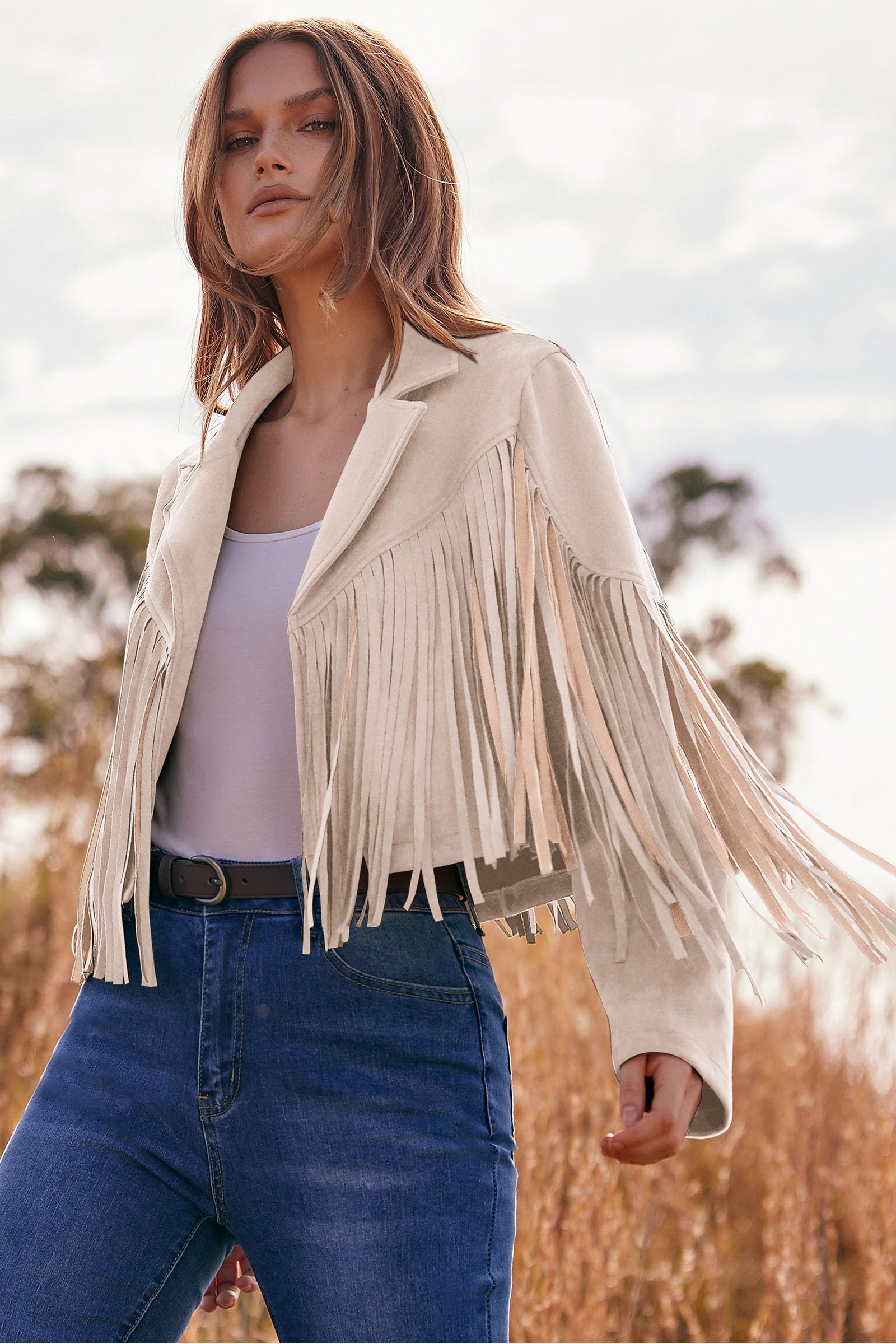 Women's Fringe Faux Suede Leather Jackets,Beige Apricot,S