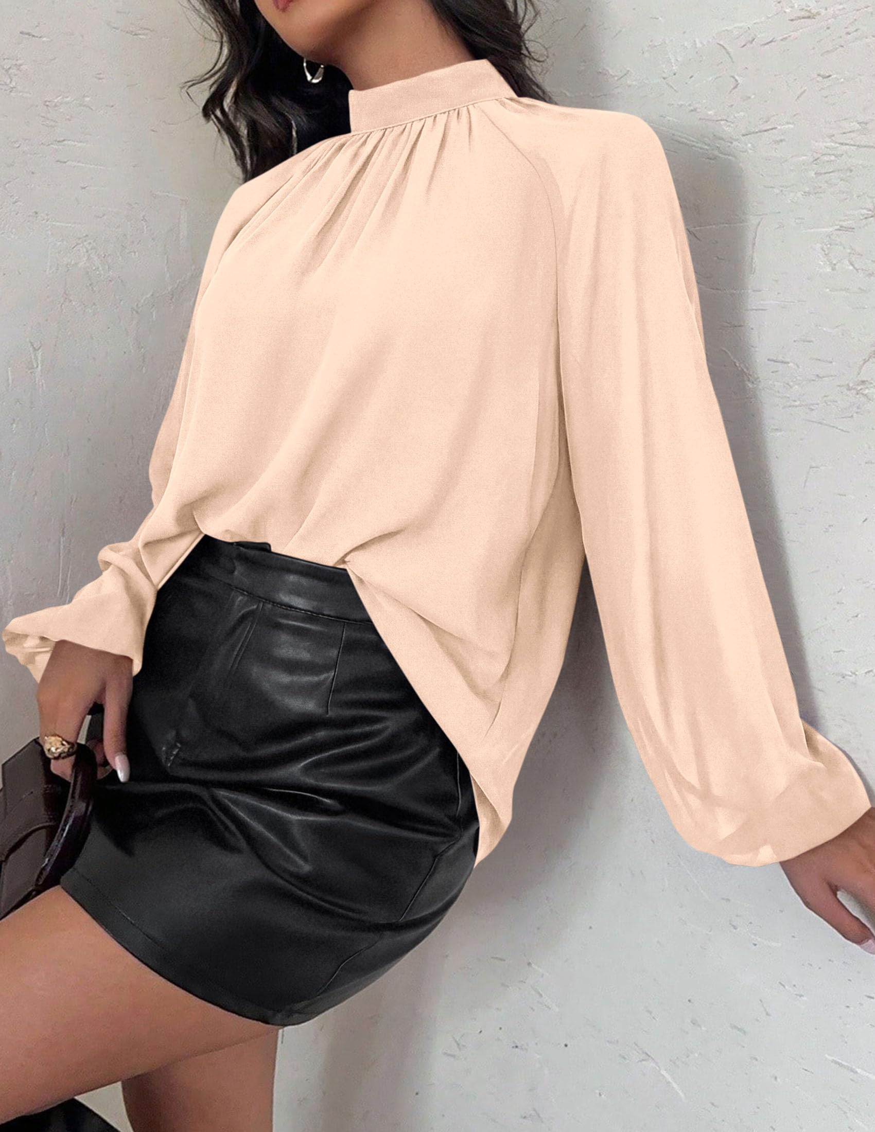 Chiffon Blouses for Women Dressy Casual Mock Neck Tops Beige