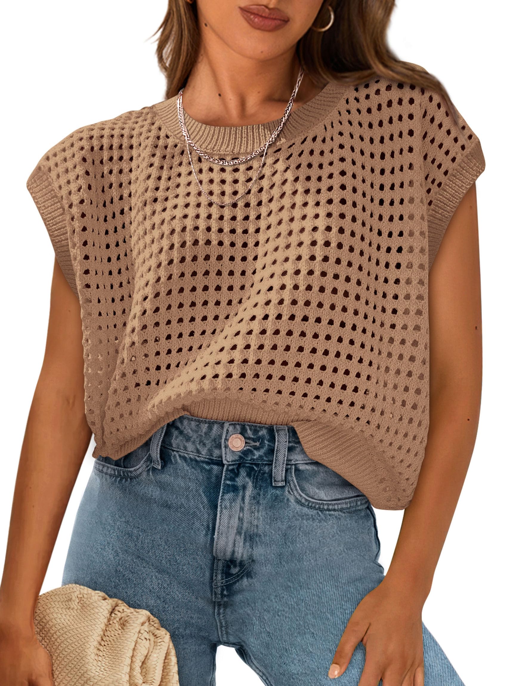 Women's Summer Crochet Cap Sleeve Sweater Tops,Khaki,S