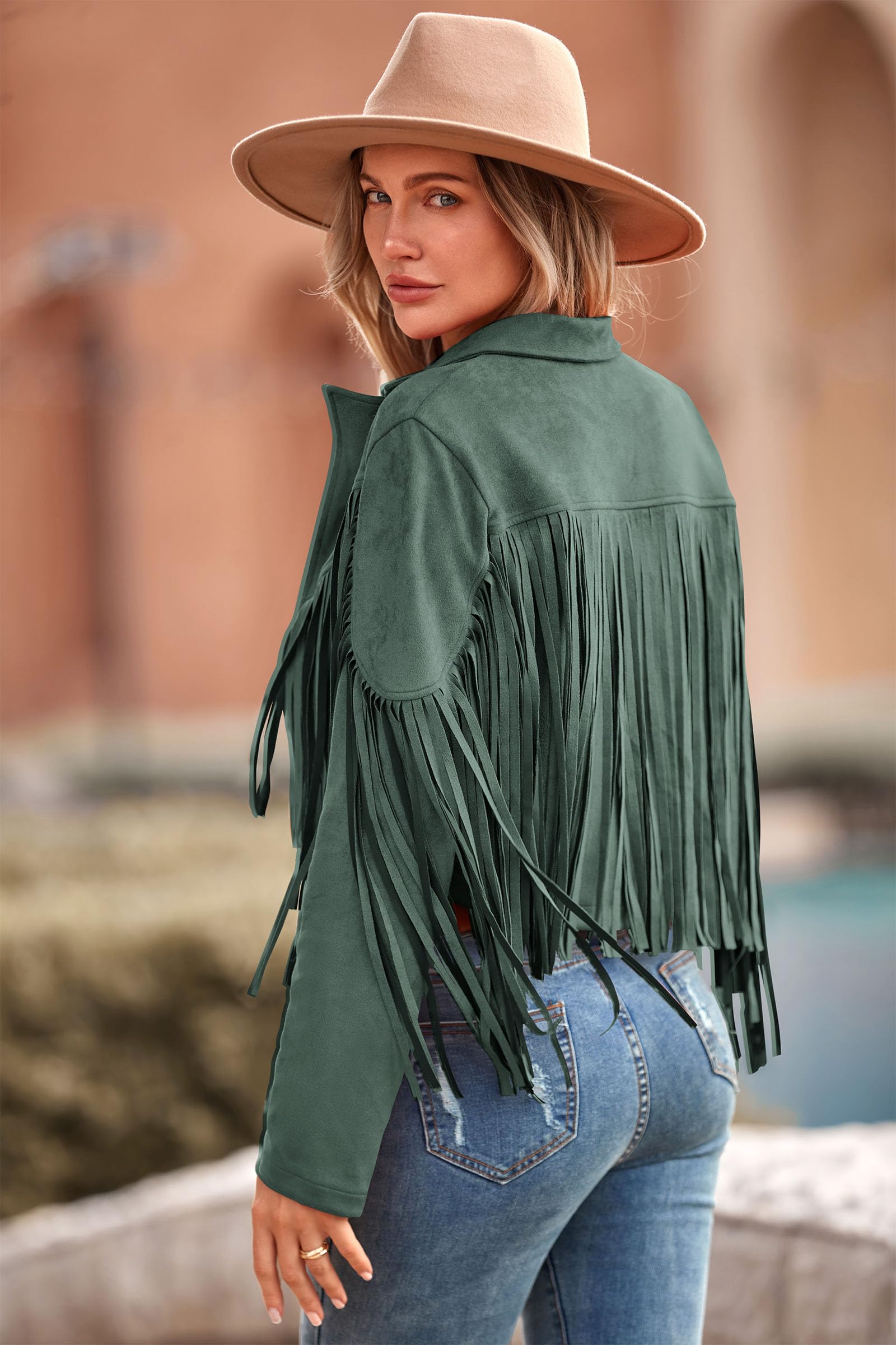 Women's Fringe Faux Suede Leather Jackets,Green,S